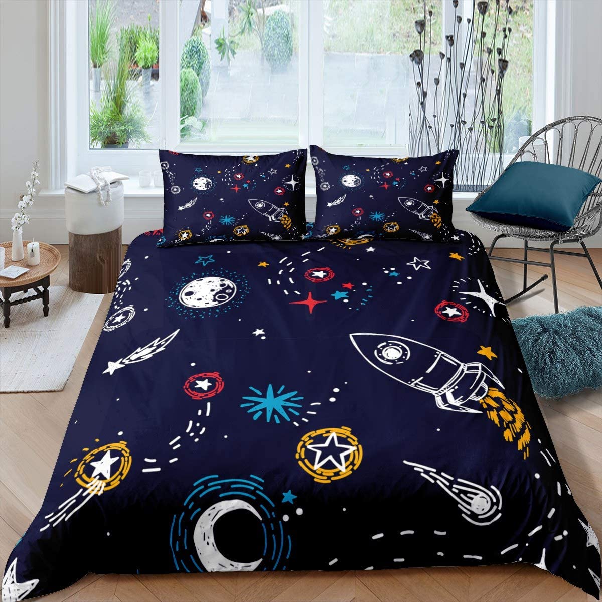 Price:$35.10 Kids Comforter Cover Outer Space Themed Bedding Set for Boys Children Space Rocket Print Duvet Cover Ultra Soft Cartoon Universe Planet Bedspread Cover Twin Size Quilt Cover 2Pcs : Home & Kitchen