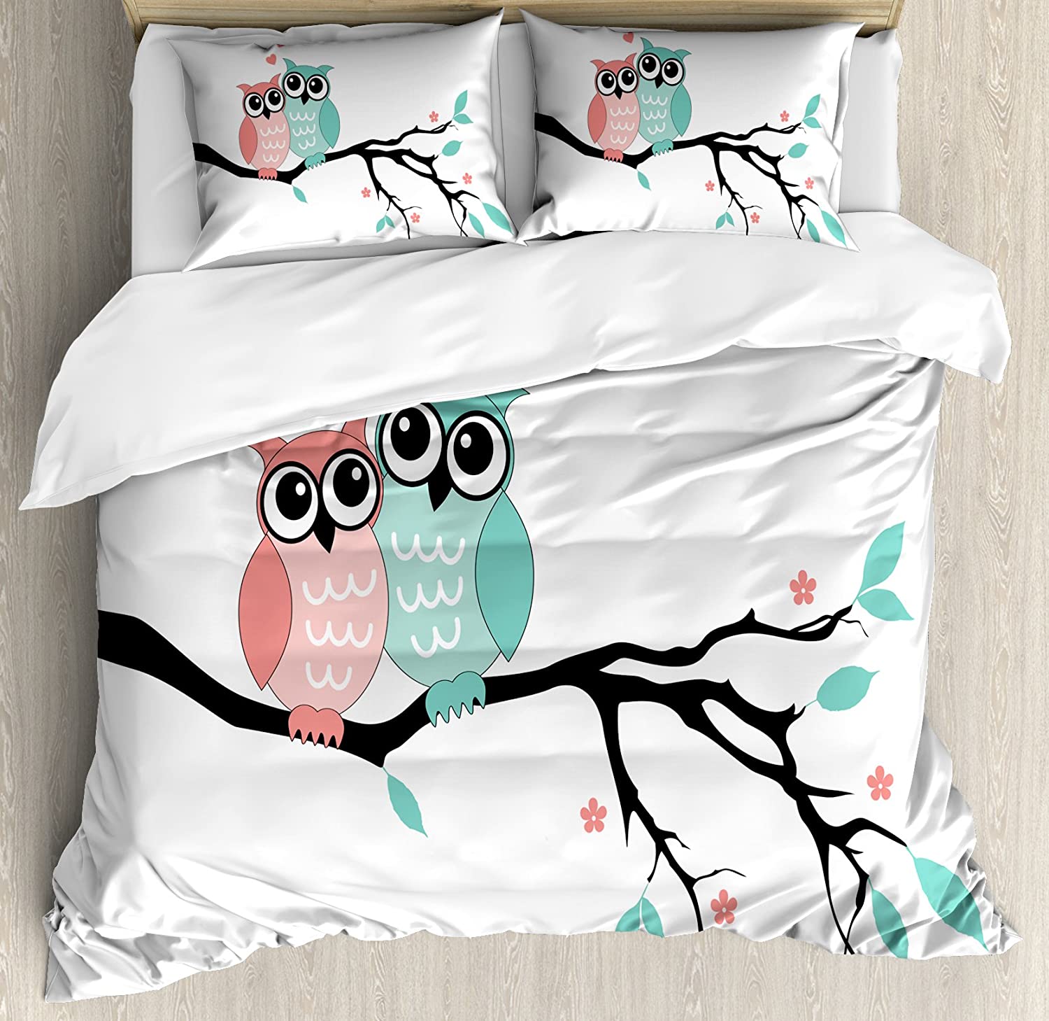 Price:$89.95 Teal and White Duvet Cover Set, Owl Couple Sitting on Tree Branch Valentines Romance Love, Decorative 3 Piece Bedding Set with 2 Pillow Shams, King Size, Turquoise Black : Home & Kitchen