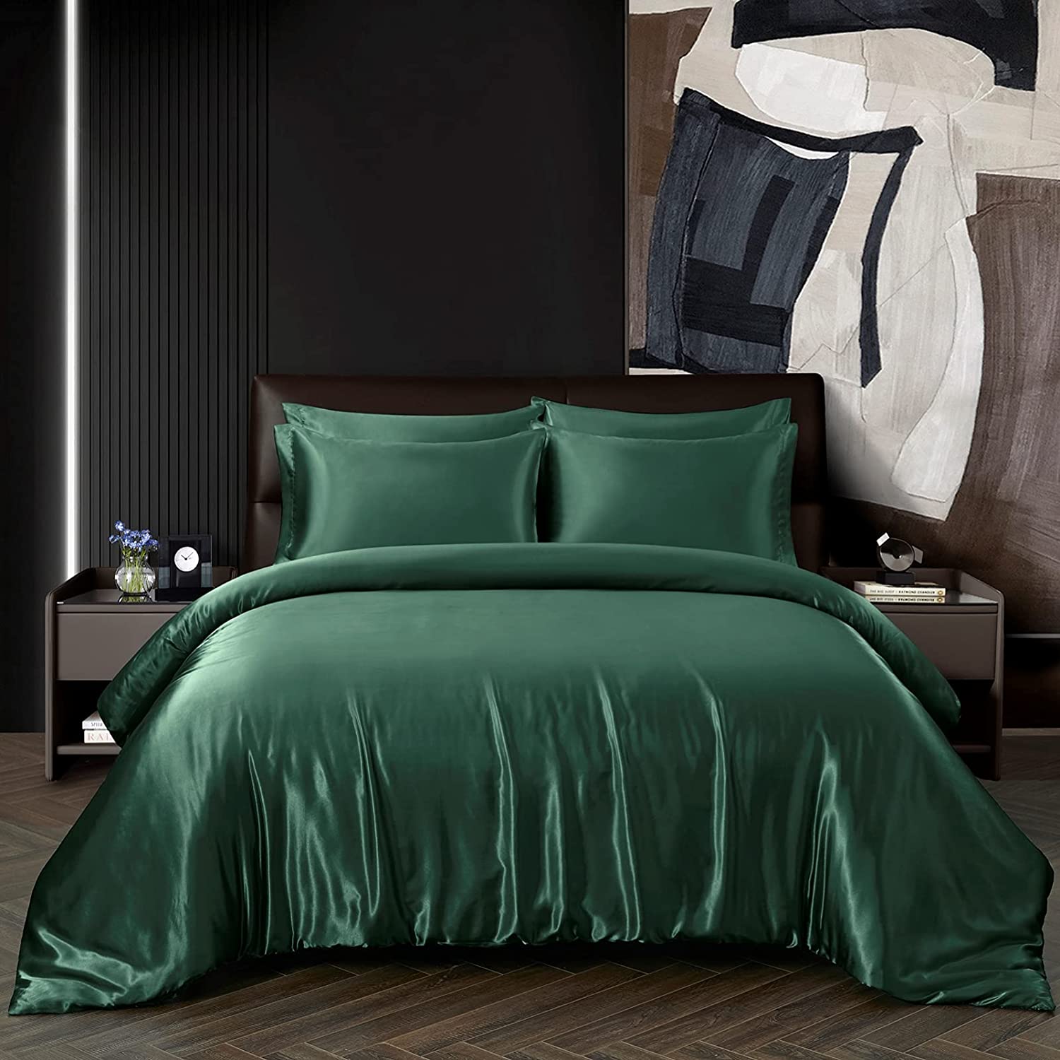 Price:$28.19 5-Pieces Satin Duvet Cover Set Queen Size Blackish Green Bedding Duvet Cover Sets Luxury Silky Satin Bed Set with Zipper Closure, 1 Duvet Cover + 4 Pillowcases (Blackish Green, Queen) : Home & Kitchen