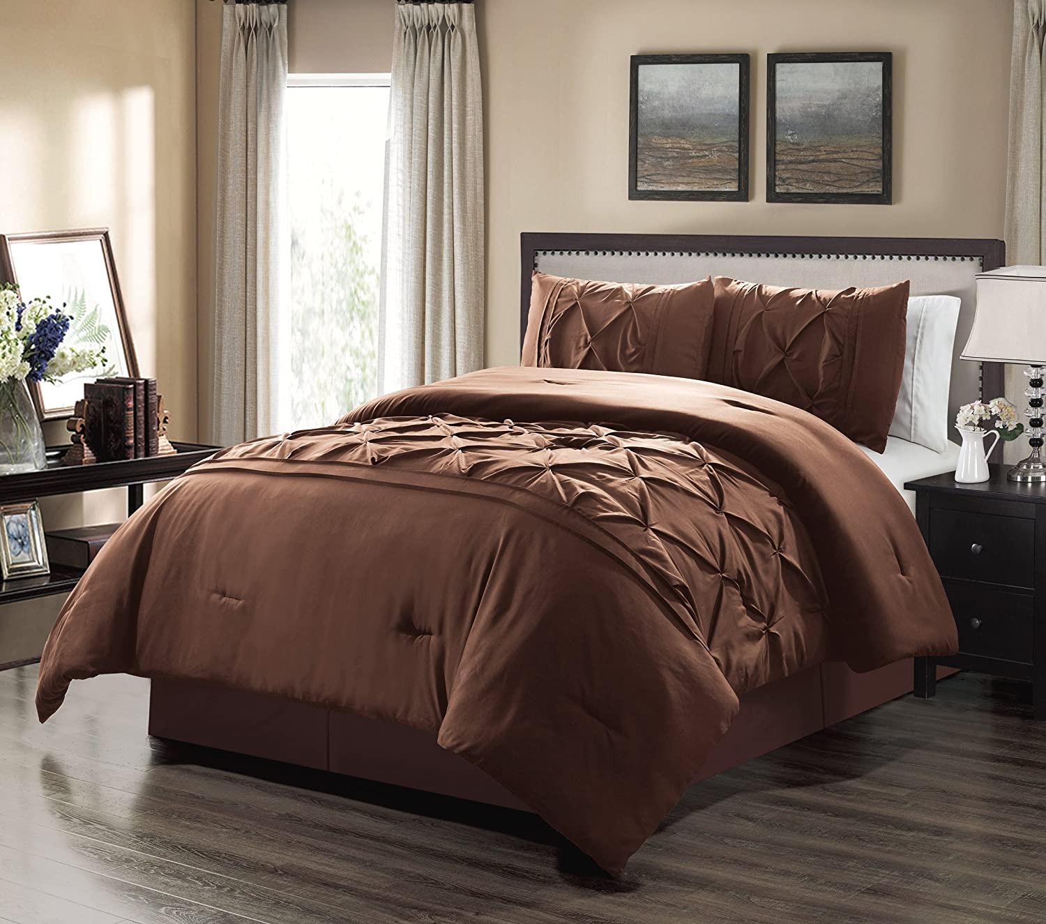 Price:$24.00 Linen 3 Piece Queen Size Solid Dark Brown Double-Needle Stitch Puckered Pinch Pleat Stripe Duvet Cover Set : Home & Kitchen