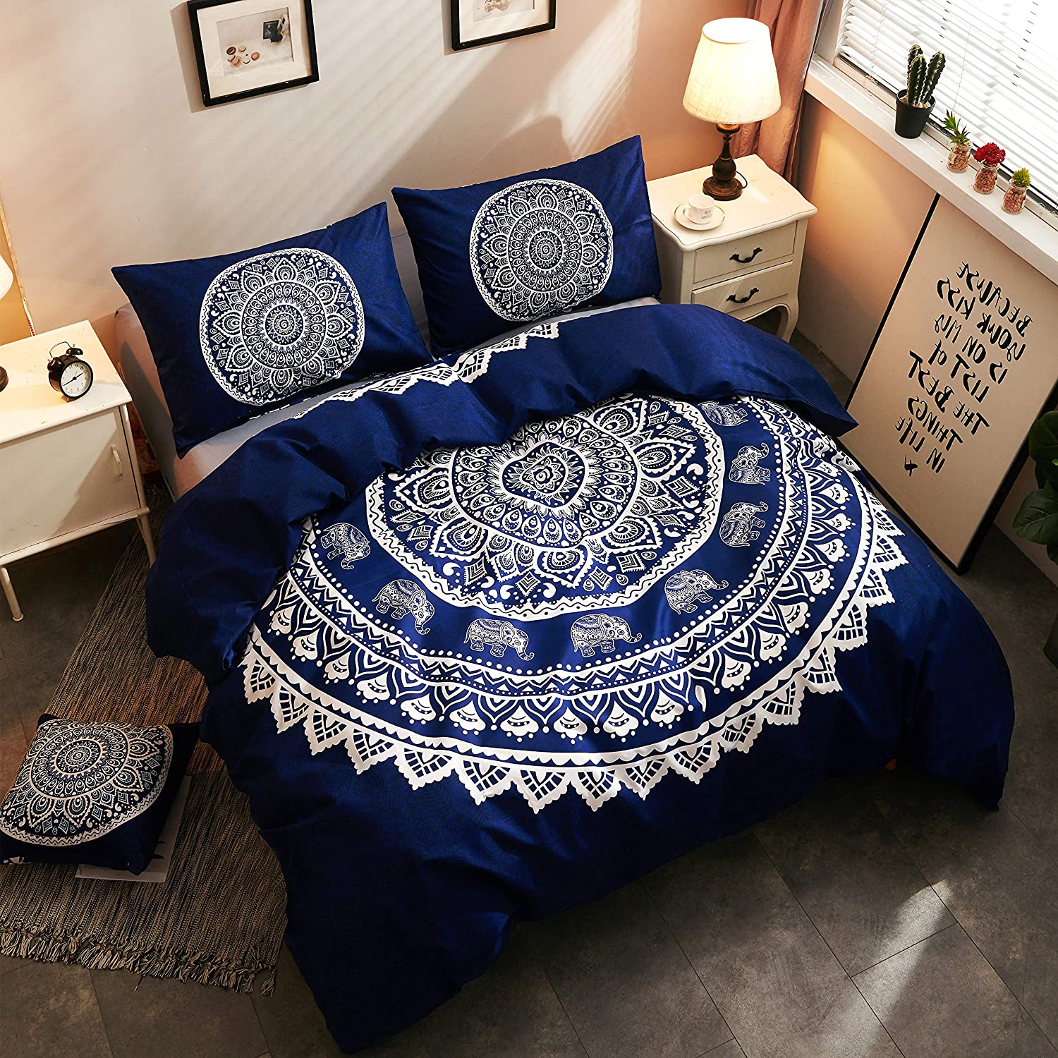 Price:$31.89 Duvet Cover Set Queen Size Bohemian Style Mandala Elephant Pattern 4-Piece Hotel Luxury Soft Bedding Set Comforter Cover(1 Duvet Cover+2 Pillowcases+1 Cushion Cover) Navy Blue : Home & Kitchen