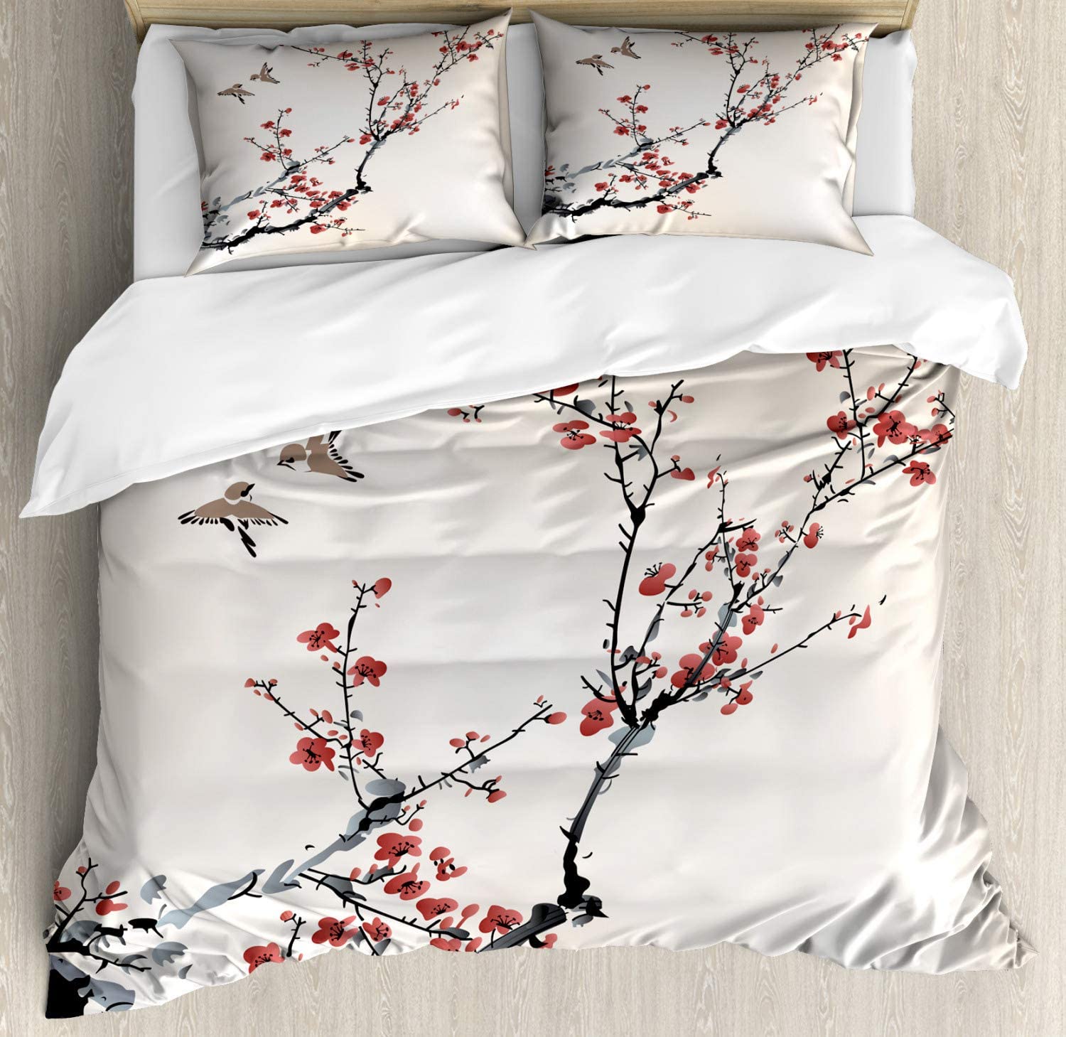 Price:$89.95 Nature Duvet Cover Set, Flowers Buds and Birds with Cherry Branches Style Art Painting Effect, Decorative 3 Piece Bedding Set with 2 Pillow Shams, King Size, Burgundy Black : Home & Kitchen