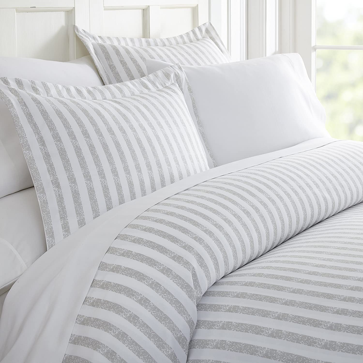 Price:$33.47 CAMERON Printed Rugged Stripes Patterned 3 Piece Duvet Cover Set, Twin, Light Gray : Home & Kitchen