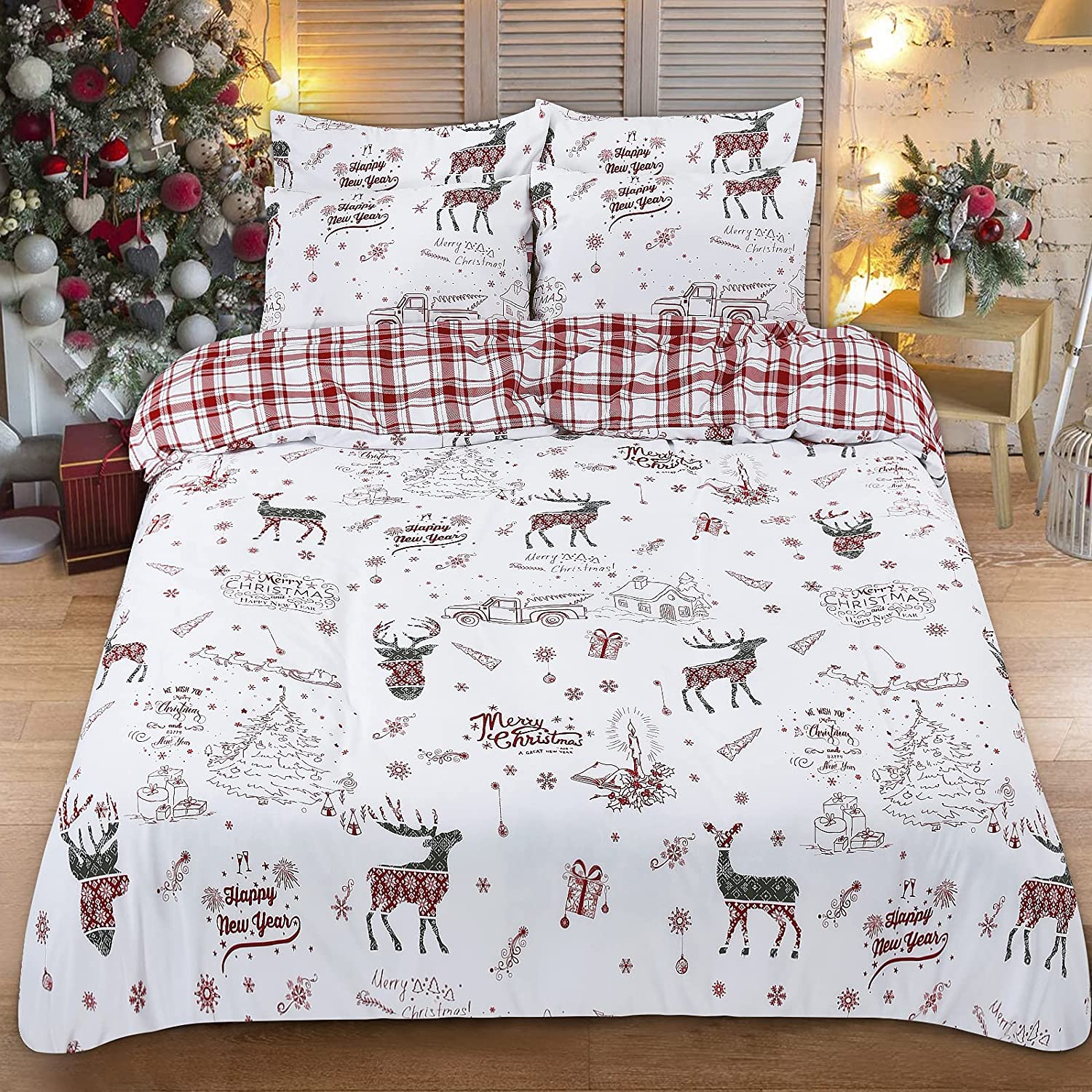 Price:$45.99 Duvet Cover Set Queen Reindeer Comforter Cover Set 3 Pcs Tree Bedding Cover White and Red Grid Quilt Cover with Zipper Closure(1 Duvet Cover, 2 Pillow Shams) : Home & Kitchen