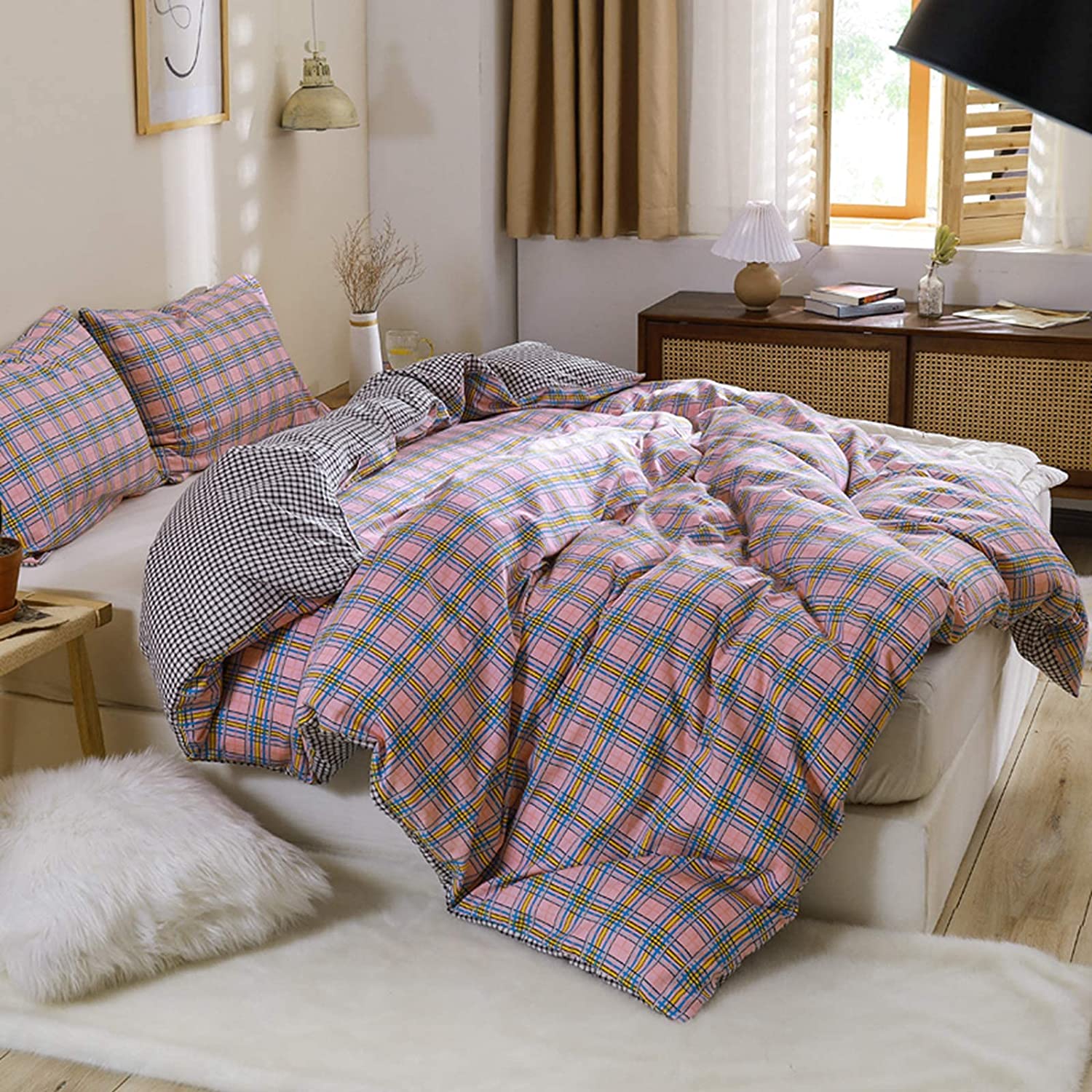 Price:$36.99 100% Cotton Duvet Cover Set 3 Pieces Reversible Print Plaid Bedding Sets with Zipper Closure Corner Ties (No Comforter) (Pink Blue Plaid, King) : Home & Kitchen