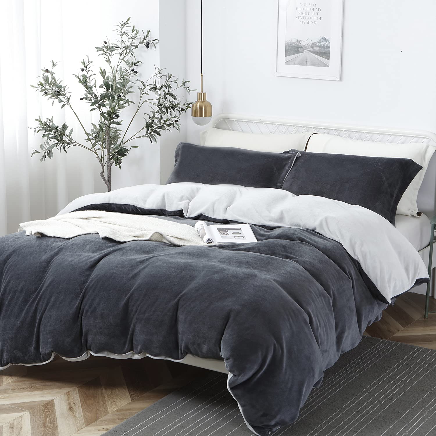 Price:$54.98 Duvet Cover Bedding Set Queen Size Ultra Soft Breathable Flannel Milky Fiber Anti-Static Microfiber Duvet Covers 3 Pieces (Grey, Queen) : Home & Kitchen