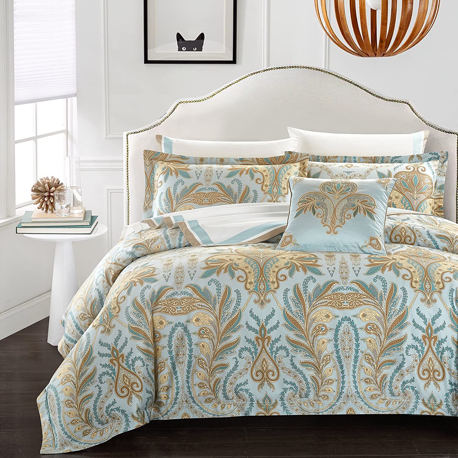 Price:$99.90 Corna Collection Duvet Cover Set 3 Pieces Do Not Include Filling Blue Boho Paisley Printed 100% Egyptian Cotton Sateen 400 TC Hawaiian Mediterranean (Queen) : Home & Kitchen