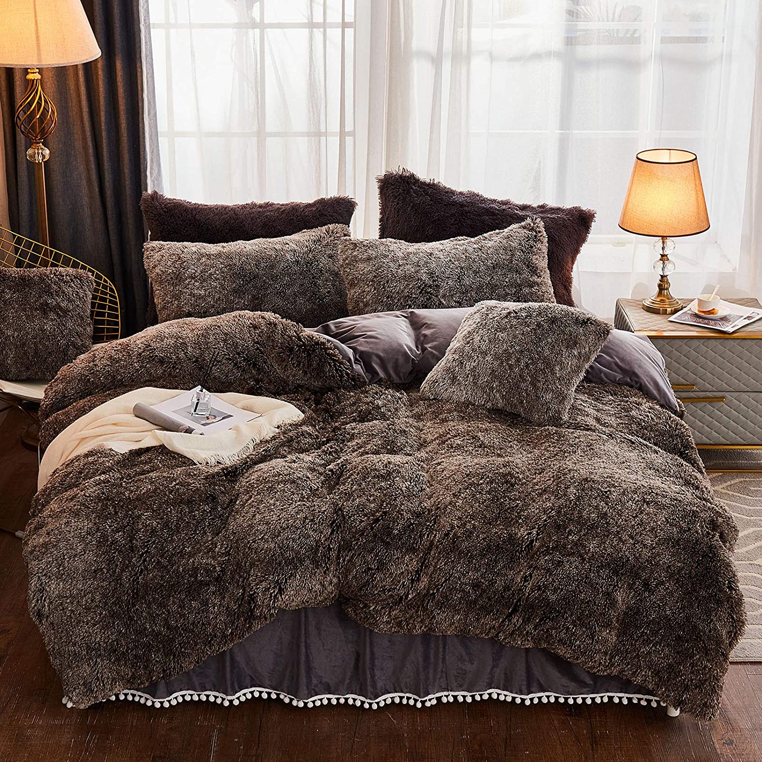 Price:$69.99 3 Pieces Shaggy Duvet Cover Set Luxury Velvet Back Print Color Variation Soft Faux Fur Bedding Set (Queen Dark Gray Ombre) : Home & Kitchen