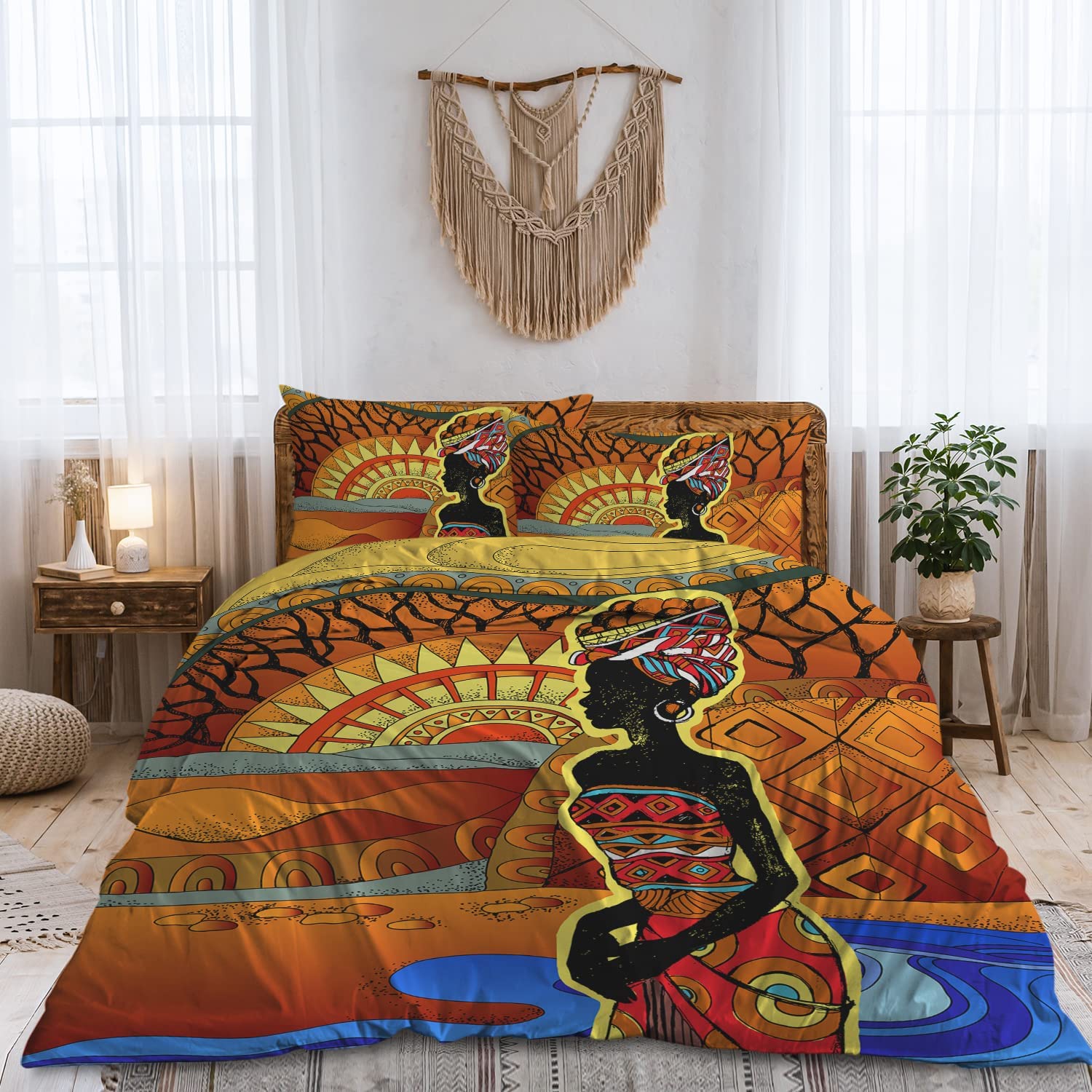 Price:$49.99 African Themed Bedding Sets Native American Bedspread Black Woman Duvet Cover King Size Ethnic Afro Comforter Covers 3 Pieces African Inspired King Bed Set (Orange and Black) : Home & Kitchen