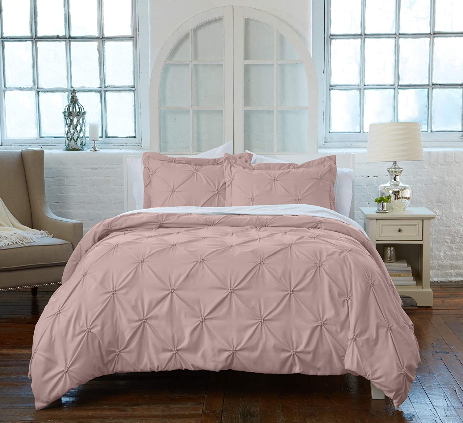 Price:$34.99 Pinch Pleated Pintuck Duvet Cover 3 Piece Set with Button Closure. Luxuriously Soft 100% Brushed Microfiber with Textured Pintuck Pleats and Corner Ties (Full/Queen, Rose Smoke) : Home & Kitchen