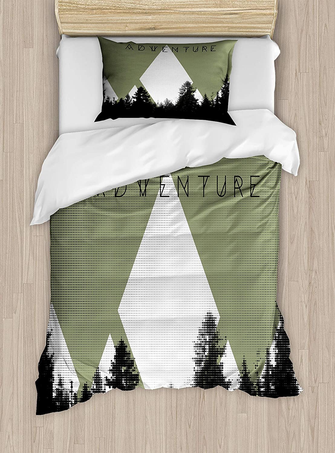Price:$59.95 Adventure Duvet Cover Set, Forest with Halftone Effect Hipster Typography Camping in Mountains, Decorative 2 Piece Bedding Set with 1 Pillow Sham, Twin Size, Army Green : Home & Kitchen