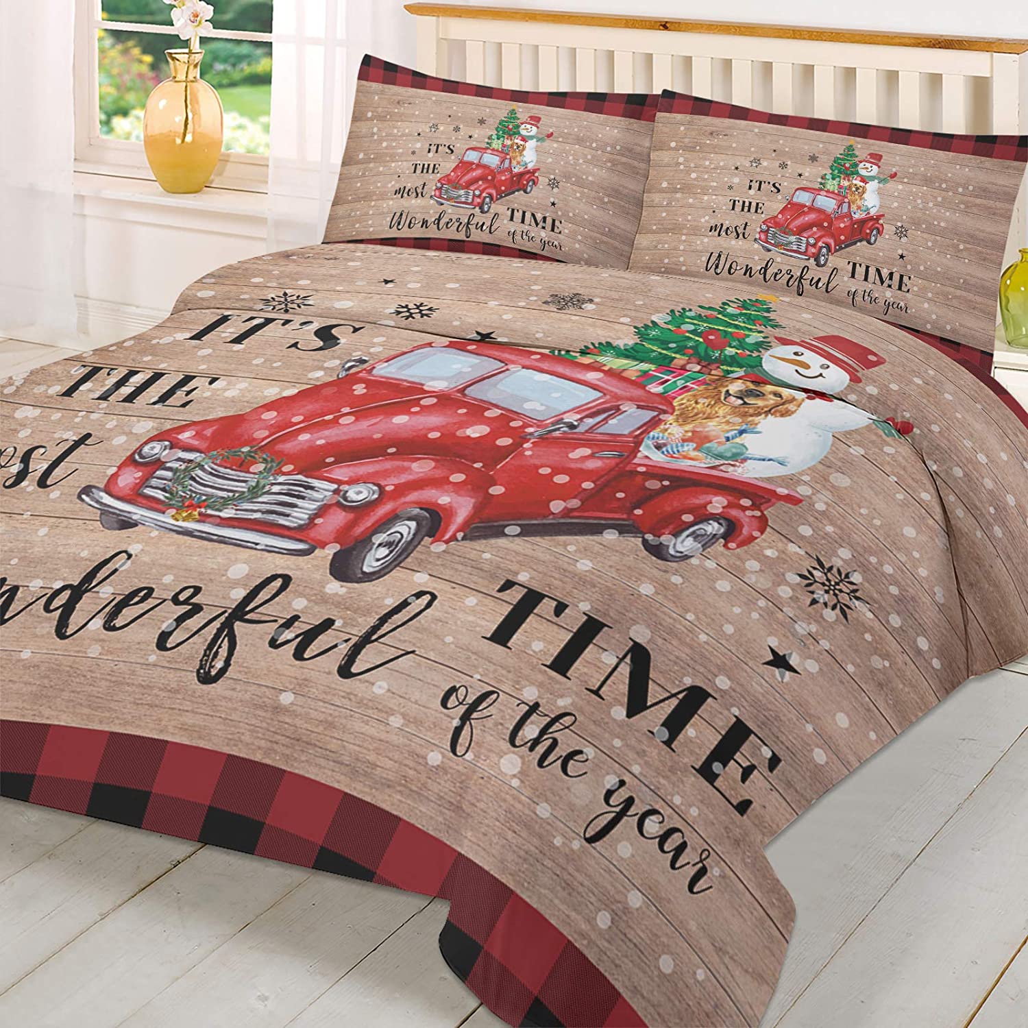 Price:$89.99 Piece Comforter Cover Set Queen, Christmas Truck with Xmas Tree and Snowman Red Lattice Border Duvet Cover Set Soft Bedding Set for Kids Teens Children Adults (1 Duvet Cover and 2 Pillowcases) : Home & Kitchen