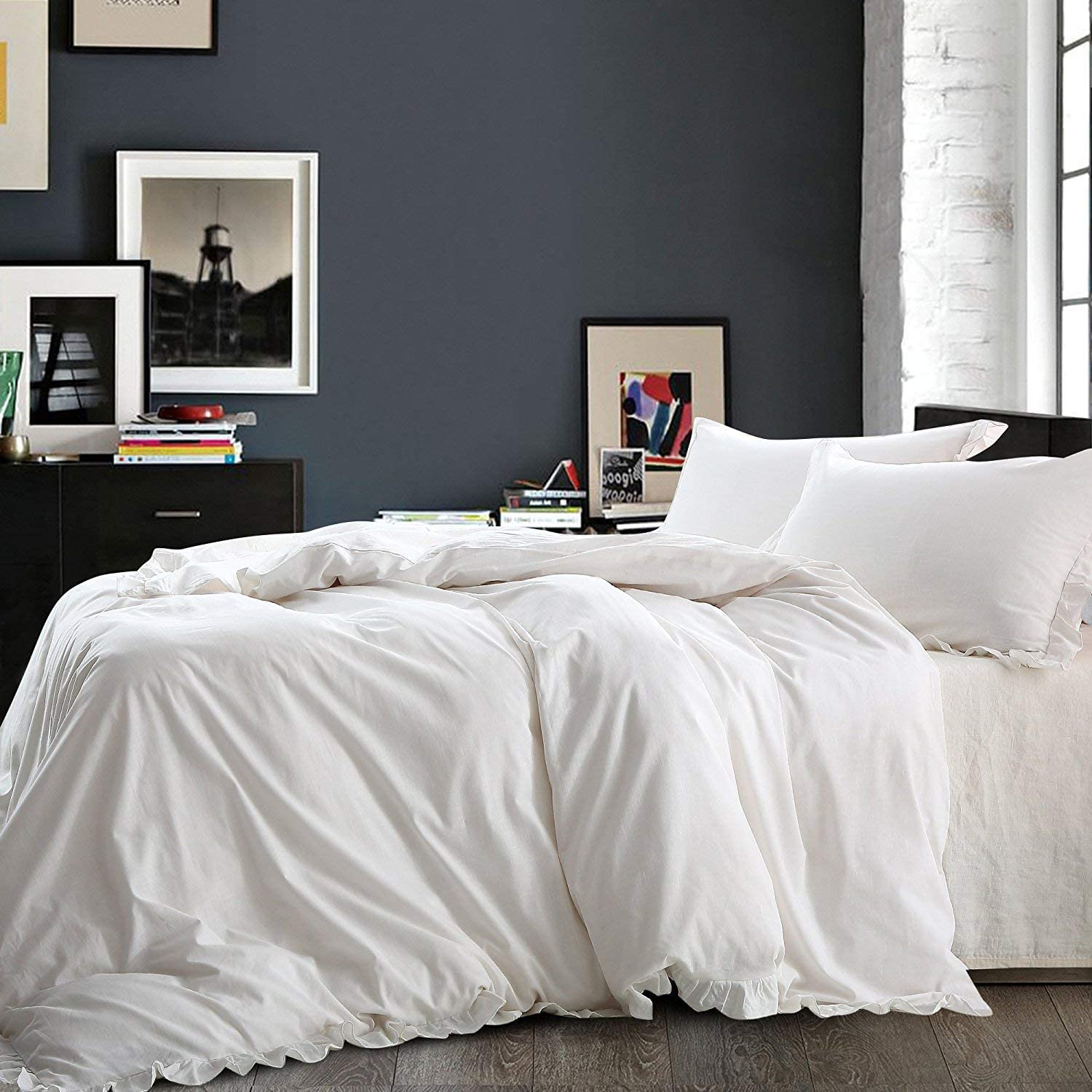 Price:$89.99 Linen 3 Pieces Duvet Cover Set Solid Color with Exquisite Ruffles Design, Breathable, Queen Size, Ivory : Home & Kitchen