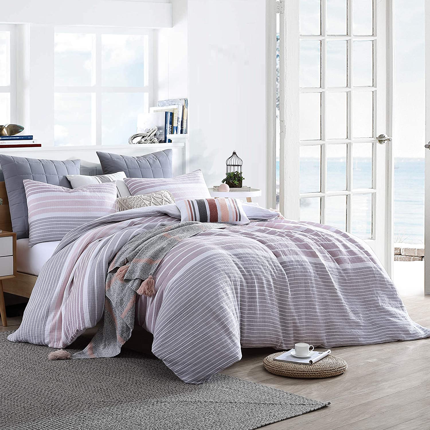 Price:$86.99 Home Cordelia Prewashed Yarn-Dyed 100% Cotton Gauze Stripe Duvet Cover Set, Oeko-Tex Certified,Button Closure, All Season - Mauve, King/Cal King (104" x 92")(Comforter NOT Included) : Home & Kitchen