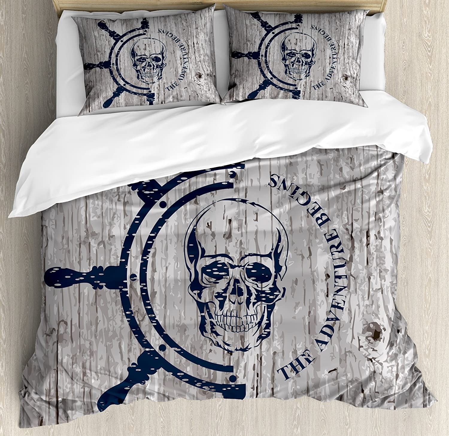 Price:$79.95 Nautical Duvet Cover Set, Marine Theme Digital Image Skull Helm Ocean Inspired Vintage Pattern, Decorative 3 Piece Bedding Set with 2 Pillow Shams, Queen Size, Petrol Blue : Home & Kitchen