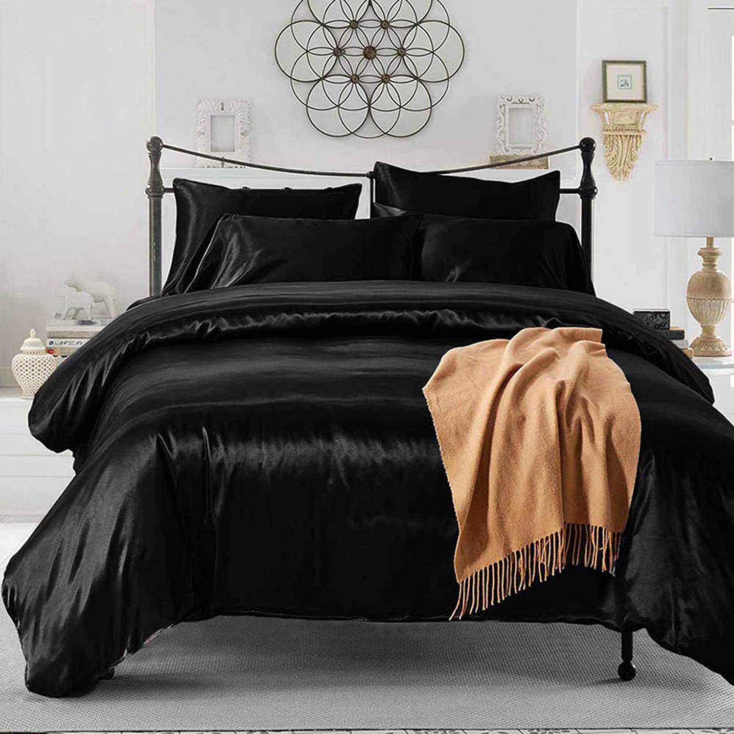 Price:$38.99 Silky Satin Duvet Cover Set 3 Pieces Queen Size Bedding Sets Solid Color Pillowcases Comforter Cover Set with Zipper Cloure Corner Ties and 2 Pillow Shams (Black) : Home & Kitchen