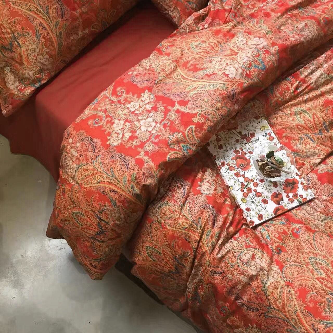 Price:$108.80 Boho Paisley Print Luxury Duvet Quilt Cover and Shams 3pc Bedding Set Bohemian Damask Medallion 350TC Egyptian Cotton Sateen (King, Gold Red) : Home & Kitchen