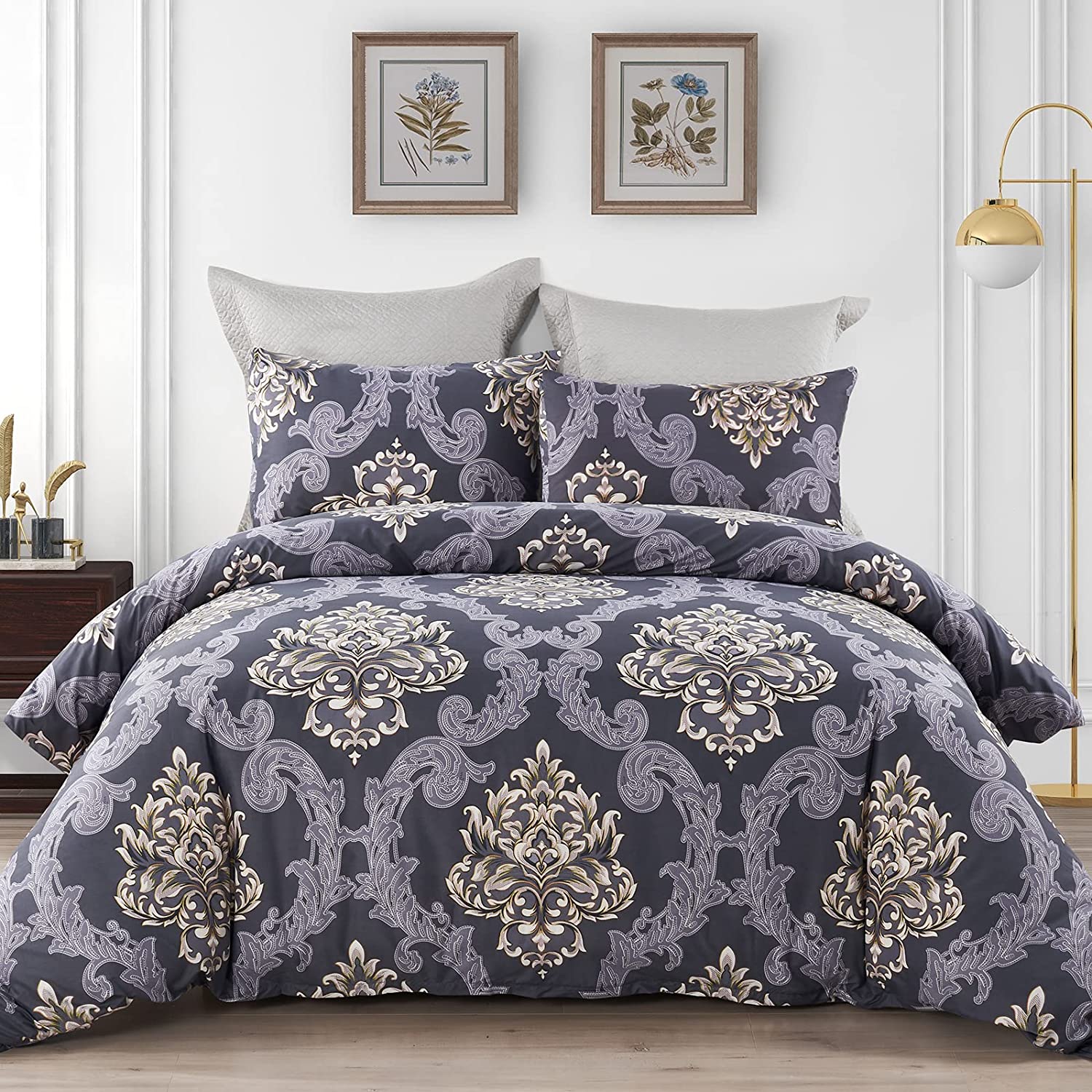 Price:$30.95 Floral Duvet Cover King Size Grey Bedding Set 3 Pieces - Comforter Cover with Zipper Closure 104x90 inches + 2 Pillowcases 20x36 inches, Damask Printed : Home & Kitchen