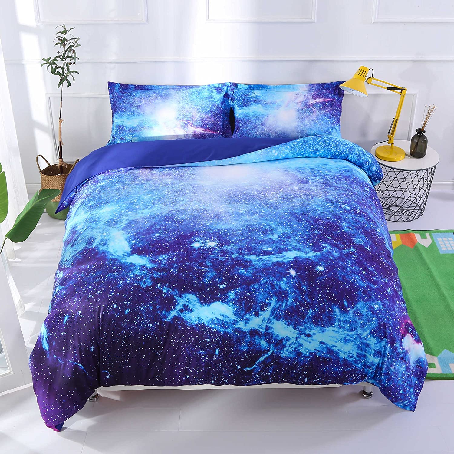 Price:$89.99 Galaxy Duvet Cover Set Queen Blue Bedding Upgraded 3D Galaxy Bedding Set with 1 White Comforter(Fitted Sheet not Included)(Blue Galaxy-5 Piece, Queen) : Home & Kitchen