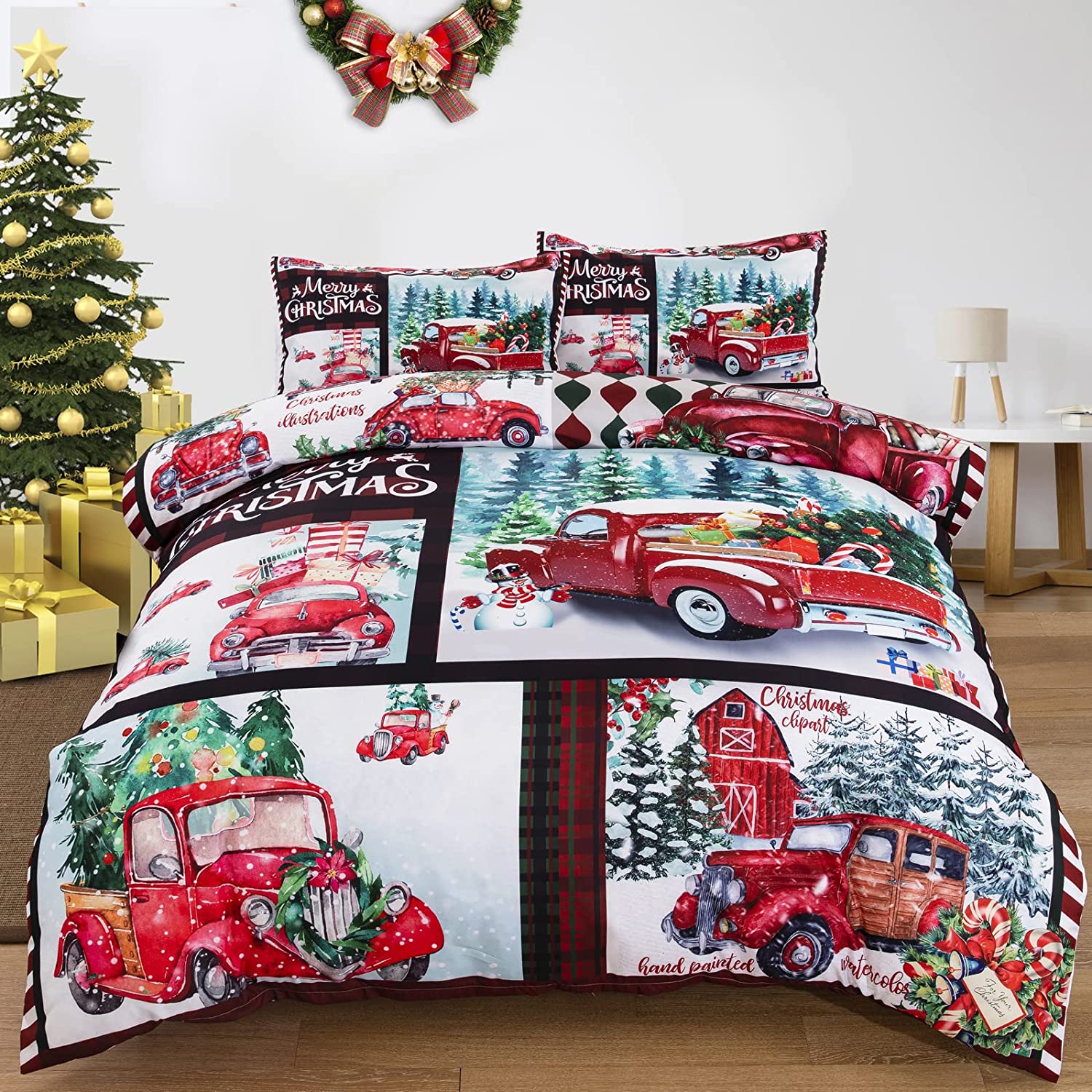 Price:$36.99 Duvet Cover Set King 3 Pieces Red Truck Tree Snowflake Pattern Printed Bedding Duvet Cover with Zipper Closure, Merry Microfiber Bedding Set 90"x103" : Everything Else
