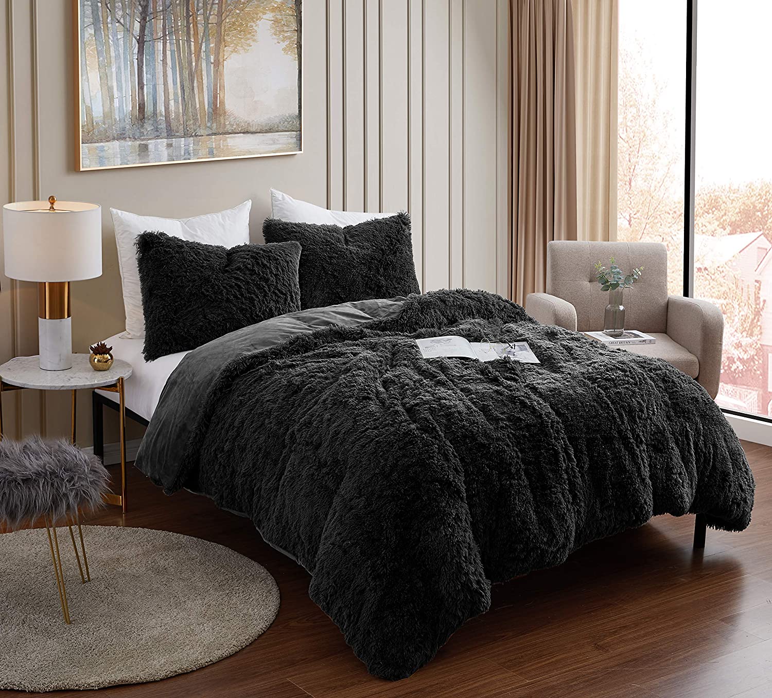 Price:$59.99 Shaggy Duvet Cover Set Ultra Soft Luxurious Faux Fur Decorative Fluffy Crystal Velvet Bedding with 2 Shams, Queen, Black : Home & Kitchen