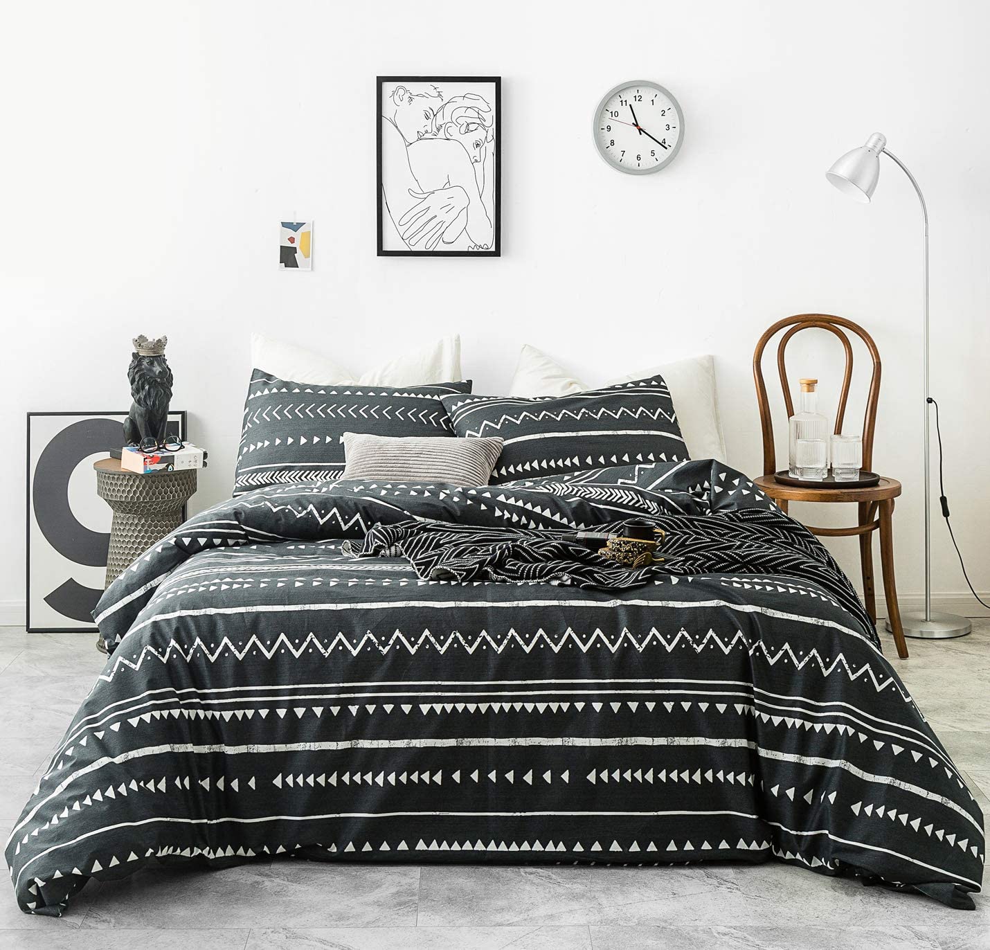 Price:$55.99 Gray Aztec Duvet Cover Set 100% Cotton King Size Bedding 3 Pieces Set 1 Boho Striped Dark Grey Geometric Print Duvet Cover with Zipper 2 Pillowcases Hotel Quality Soft Breathable Durable : Home & Kitchen