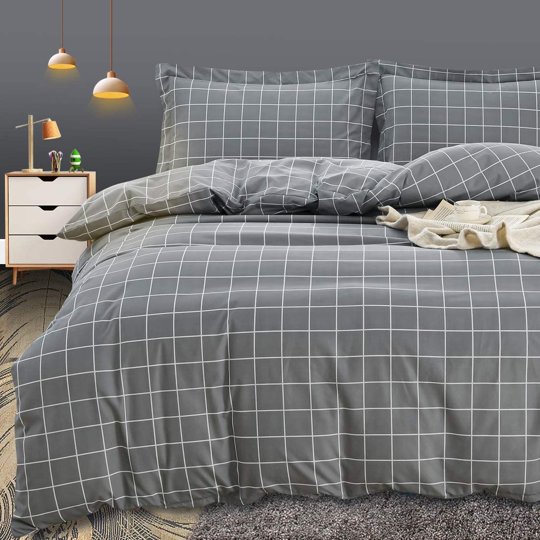 Price:$26.95 Cover Queen Size, Ultra Soft Breathable Microfiber Comforter Cover with Zipper Closure & Corner Ties, Luxury Bedding 3 Pcs Set (1 Cover & 2 Pillow Shams), Grey Grid : Home & Kitchen
