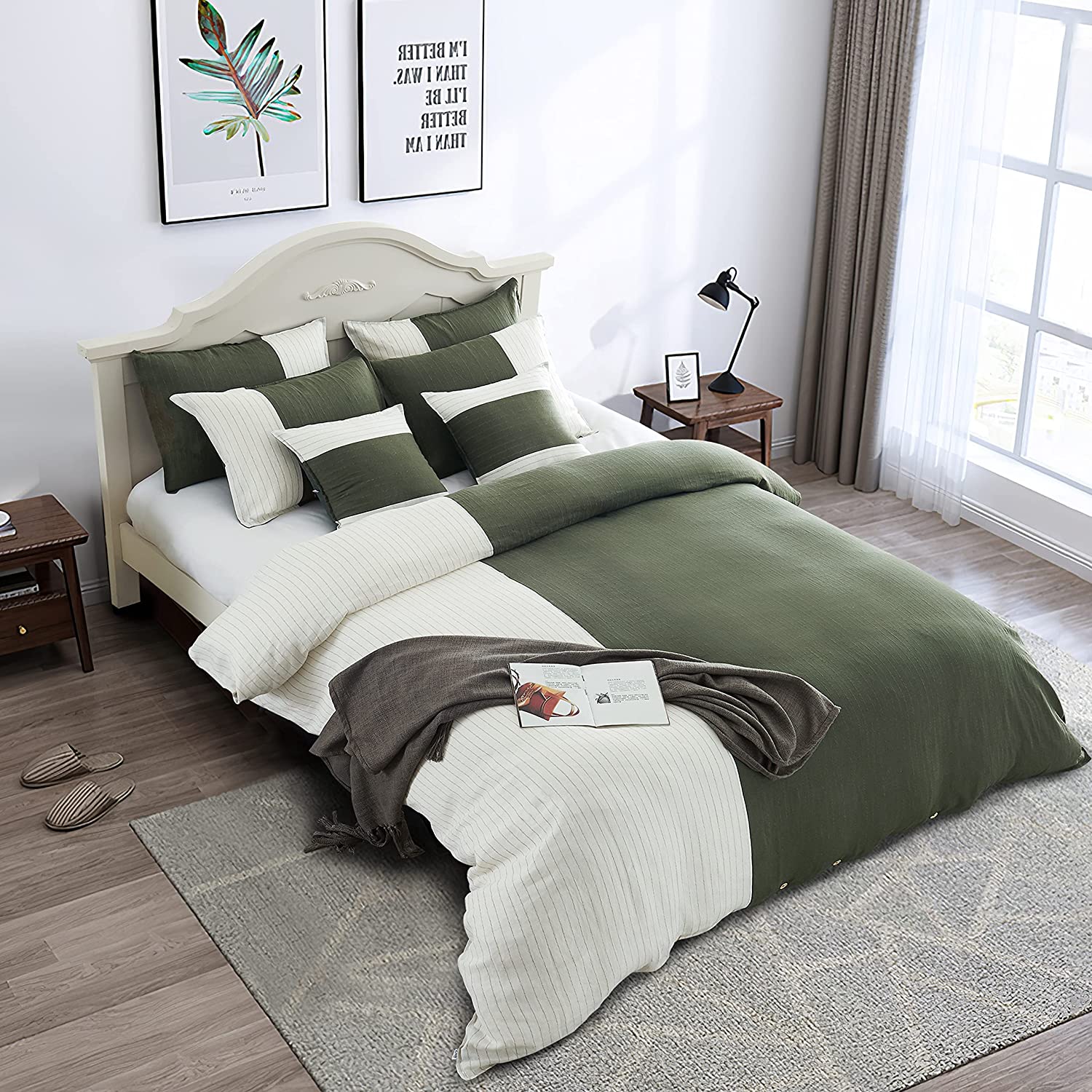 Price:$134.72 Textile 100% Linen Duvet Cover Set 3pcs Jacquard Natural French Washed Flax Soft Breathable Farmhouse Patchwork Bedding Set with Button Closure (King, Olive Green) : Everything Else