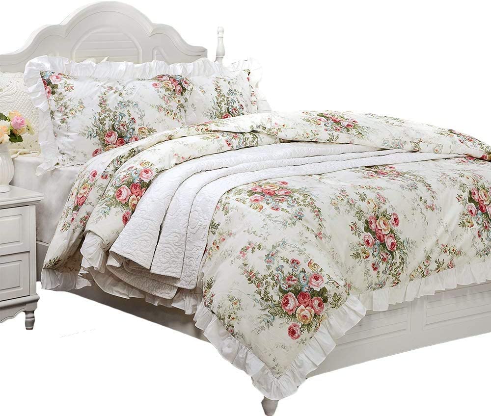 Price:$89.98 Farmhouse Bedding White Floral Duvet Cover 3 Piece Set 100% Cotton Vintage Rose Bedding Set White Lace and Ruffle Style Reversible Comforter Cover, Queen Size(1 Duvet Cover + 2 Pillow Shams) : Home & Kitchen