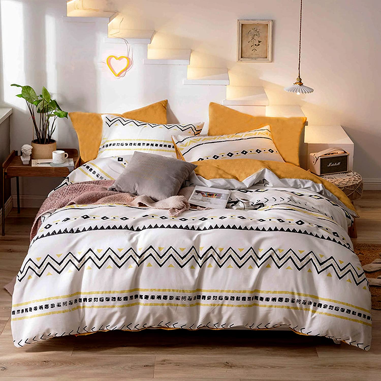 Price:$47.99 Christmas Gifts 4 Pcs Cotton Bohemian Duvet Cover Set Queen Size Geometric Boho Bedding Striped Bed Sheet and Pillowcases Set for Dorm Bed : Home & Kitchen