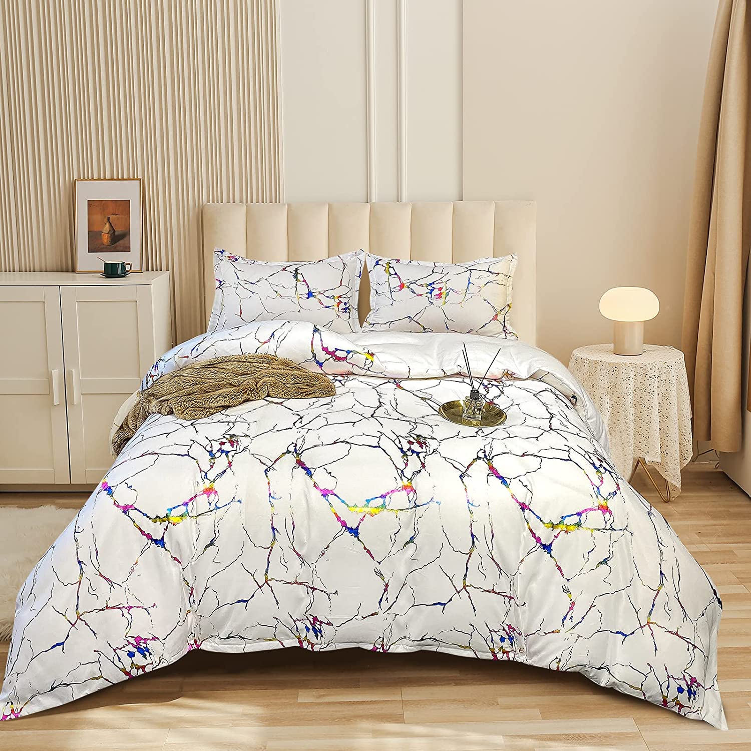Price:$45.99 White Duvet Cover Set Colorful Marble Metallic Bedding Covers Set, Rainbow Comforter Cover Foil Print Glitter Brushed Fiber , Irregular Stripe Texture Quilt Cover Set for Adult (White, King) : Home & Kitchen