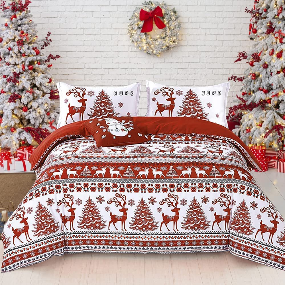 Price:$31.99 Duvet Cover Set Queen 3 Pieces Red Deer Tree Snowflake Pattern Printed Bedding Comforter Cover with Zipper Closure for New Year Holiday, Soft Microfiber Bedding 90" x 90" : Home & Kitchen