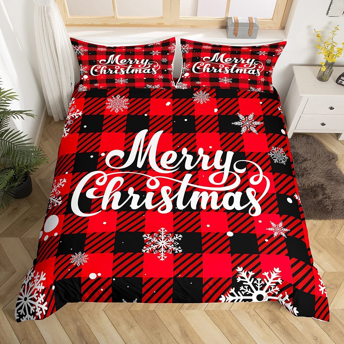 Price:$35.99 Red Black Plaid Duvet Cover Set Full Size Merry Christmas Bedding Set 3pcs for Kids Boys Teens Western New Year Theme Comforter Cover White Snowflake Print Quilt Cover with 2 Pillowcases : Home & Kitchen