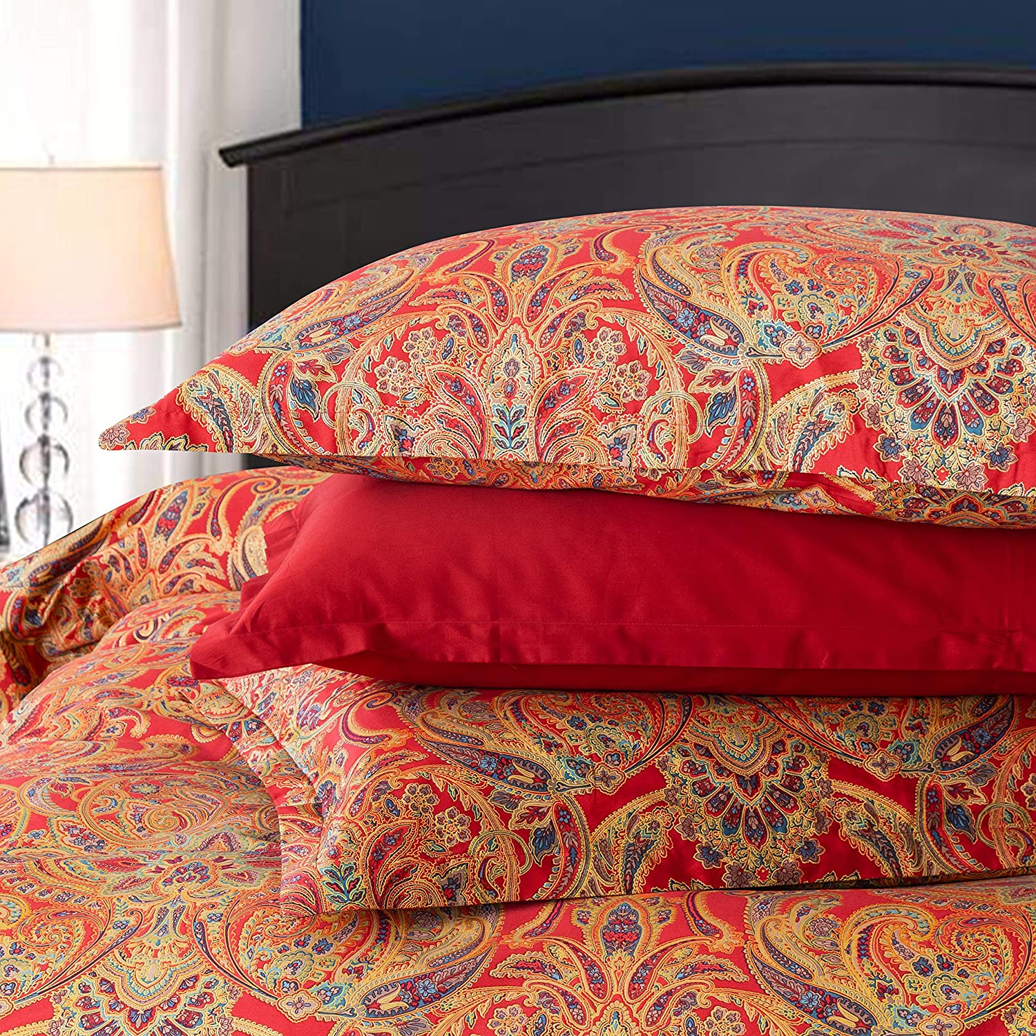 Price:$106.80 Paisley Duvet Cover 3pc Set Bohemian Bedding Boteh Damask Medallion 400TC Egyptian Cotton Sateen Luxury European Traditional Style Bed Linen (Red Gold, Queen) : Home & Kitchen