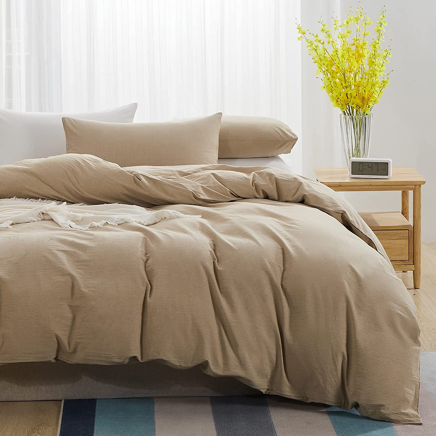 Price:$55.99 100% Washed Cotton Duvet Cover Set 3 Pieces Luxury Soft Bedding Set with Zipper Closure Solid Color Pattern Khaki Linen Like Duvet Cover Queen Size(No Comforter) : Home & Kitchen