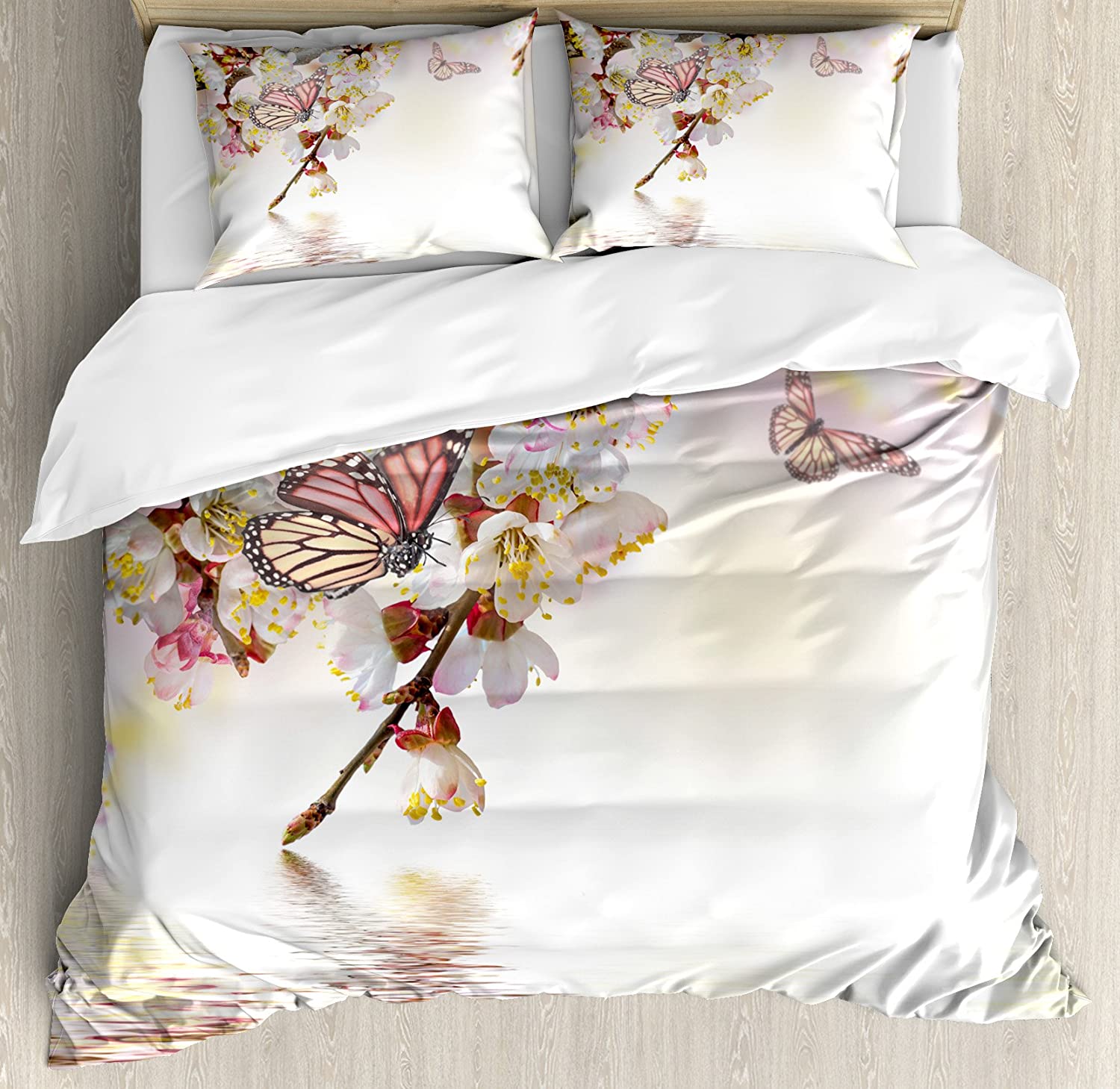 Price:$79.99 Japanese Duvet Cover Set, Natural Floral Japanese Style Garden with Cherry Blossom Sakura Butterfly, Decorative 3 Piece Bedding Set with 2 Pillow Shams, Queen Size, Pink Yellow : Home & Kitchen