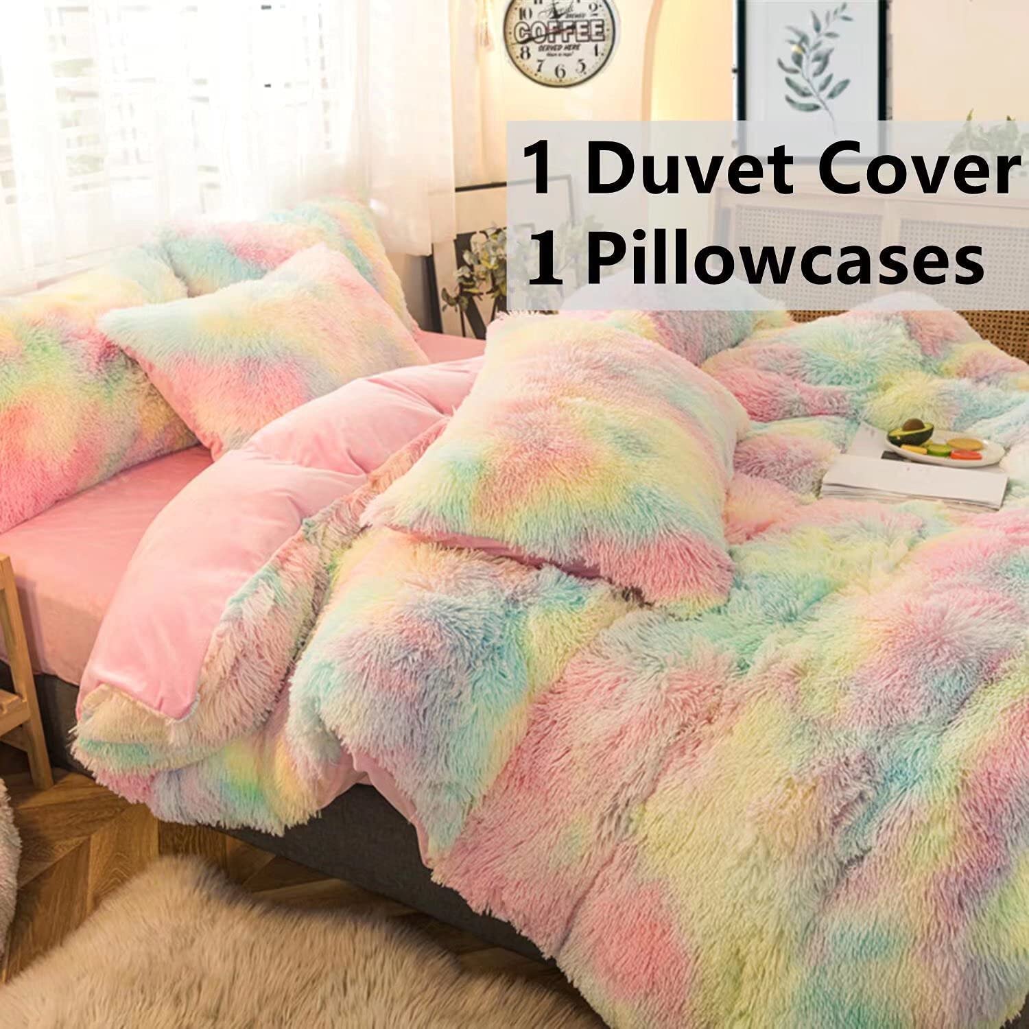 Price:$77.99 Pieces Plush Fluffy Duvet Cover, Luxury Ultra Soft Shaggy Faux Fur Comforter with Crystal Velvet Fabric Inner Lining Zipper Closure (1 Duvet Cover + 1 Pillowcases) Christmas Rainbow Pink, Twin Size : Home & Kitchen