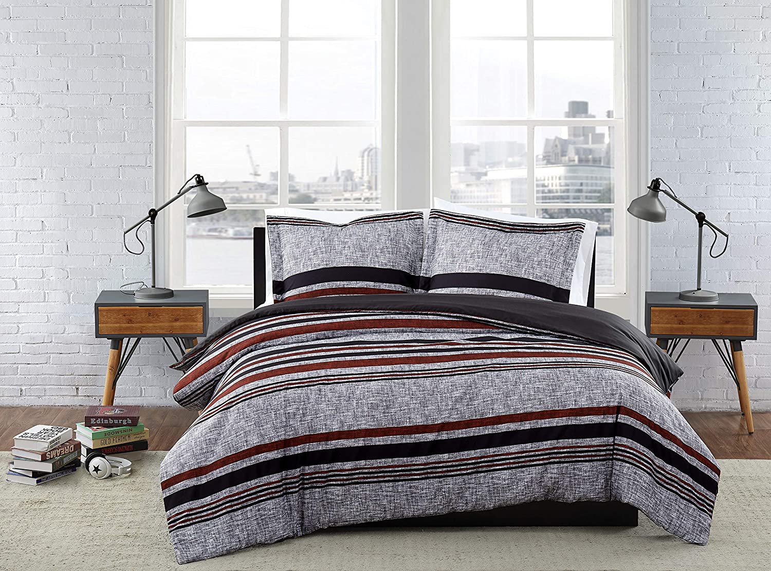 Price:$69.99 FOG Warren Stripe Full/Queen 3-Piece Duvet Cover Set : Home & Kitchen