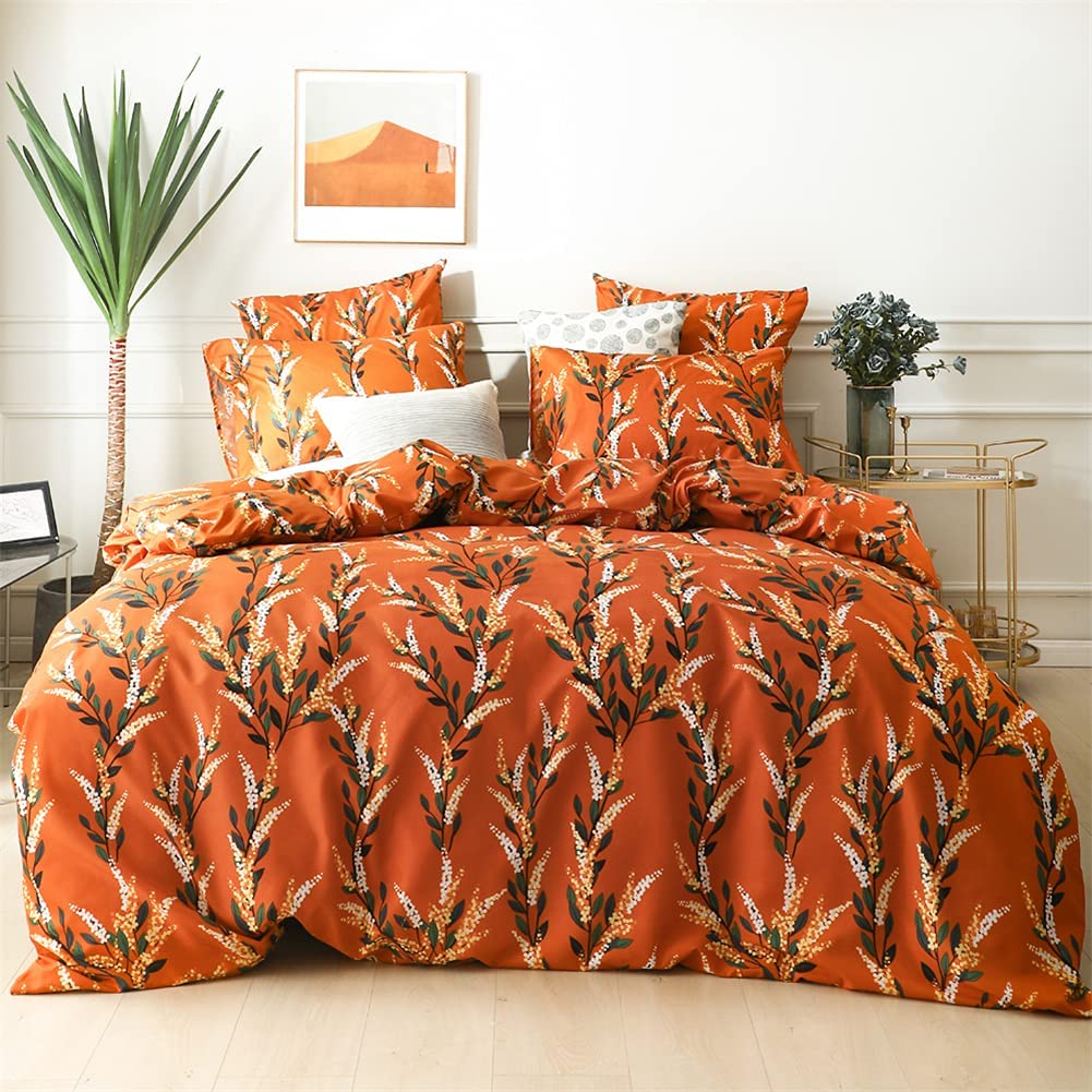 Price:$36.99 Burnt Orange Floral Duvet Cover Queen Size Green White Rust Botanical Leaves Printed Reversible Bedding Set 3 Pieces Soft Microfiber Garden Farmhouse Comforter Covers with Zipper Ties : Home & Kitchen