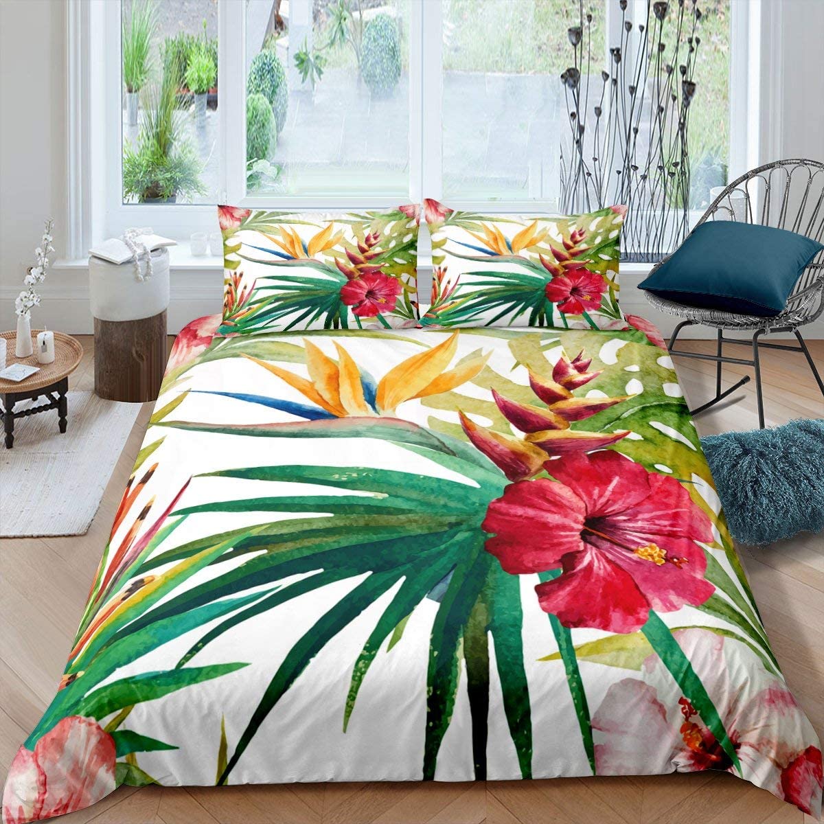 Price:$42.00 Tree Plant Duvet Cover Set Full Size with Zipper Closure, Watercolor Red Hibiscus Flower Pattern Printed Comforter Cover,Palm Leaves Bedding Sets with 2 Pillow Cases,Soft,Green Pink : Home & Kitchen