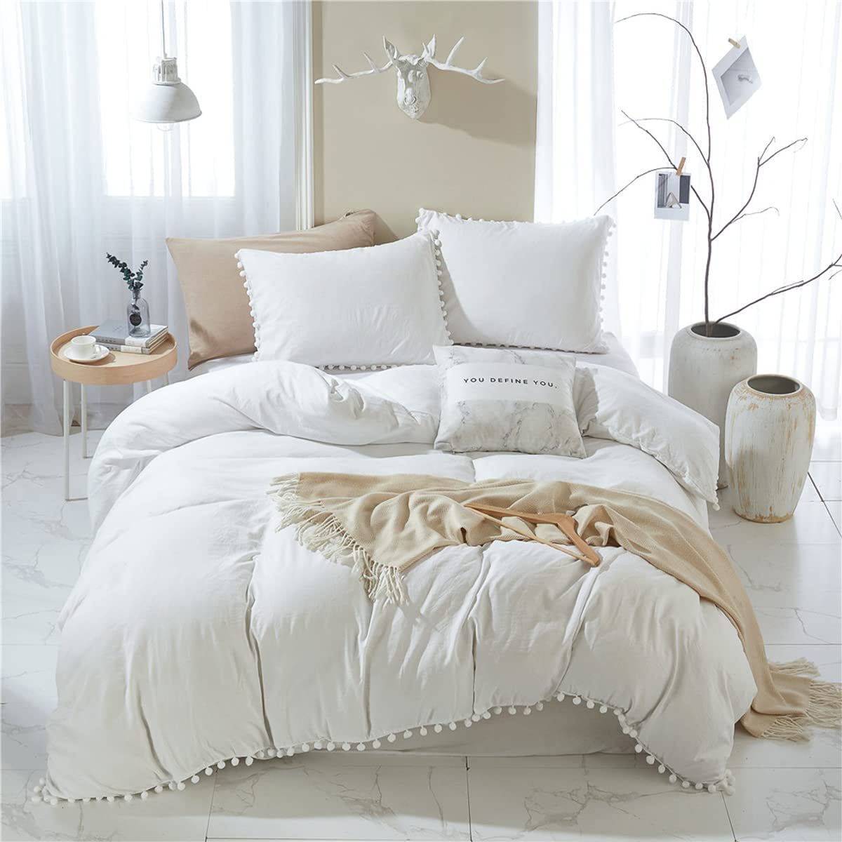 Price:$37.99 Toy White Duvet Covers Queen, Boho Bedding Cute Pom Pom Duvet Cover, Soft Microfiber Farmhouse Solid White Comforter Cover Set (Queen, White) : Home & Kitchen