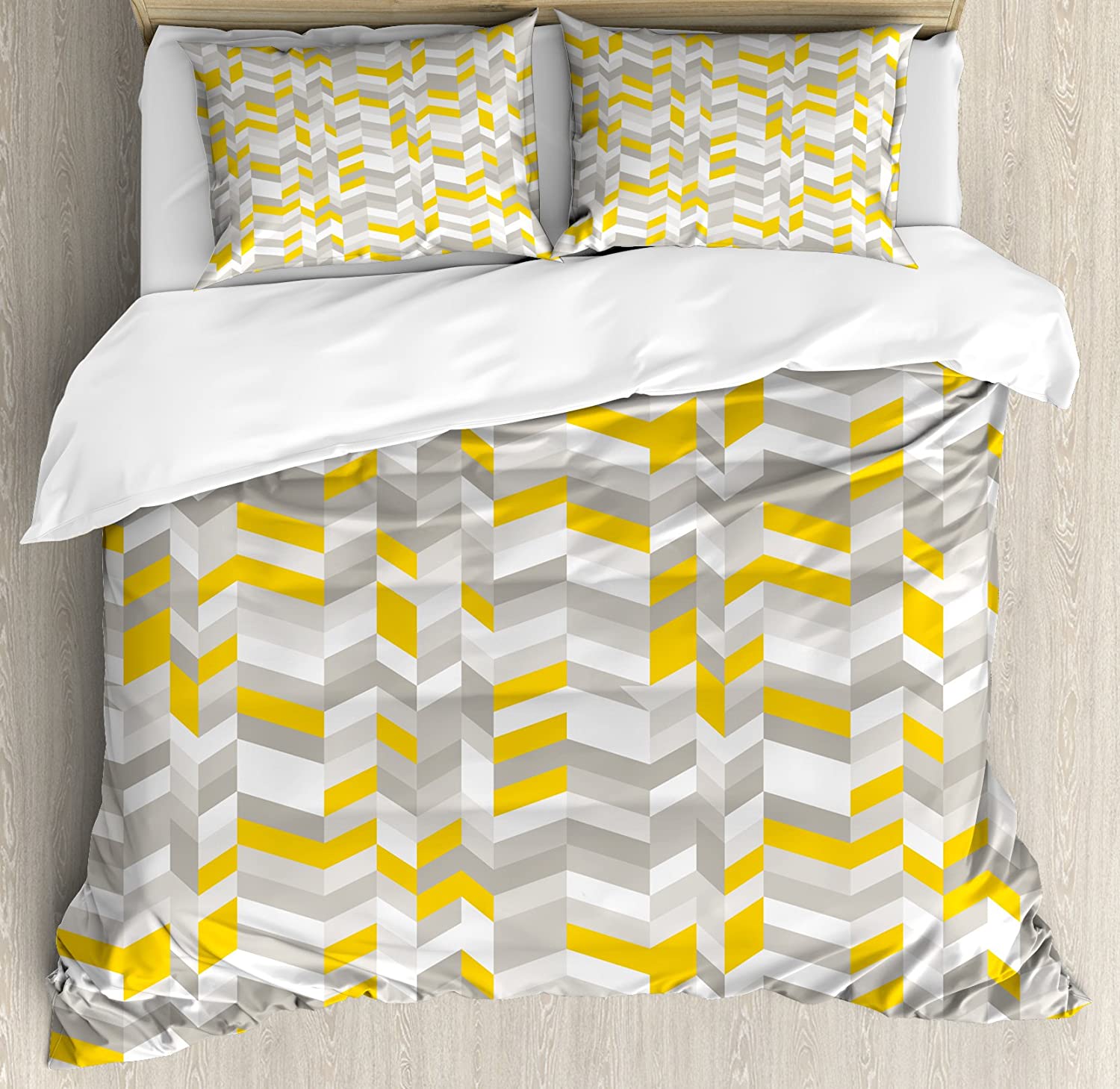 Price:$79.95 Grey and Yellow Duvet Cover Set, Geometric Vintage 60s Home Pattern Inspired Herringbone Zig Zag Lines, Decorative 3 Piece Bedding Set with 2 Pillow Shams, Queen Size, Yellow Grey : Home & Kitchen