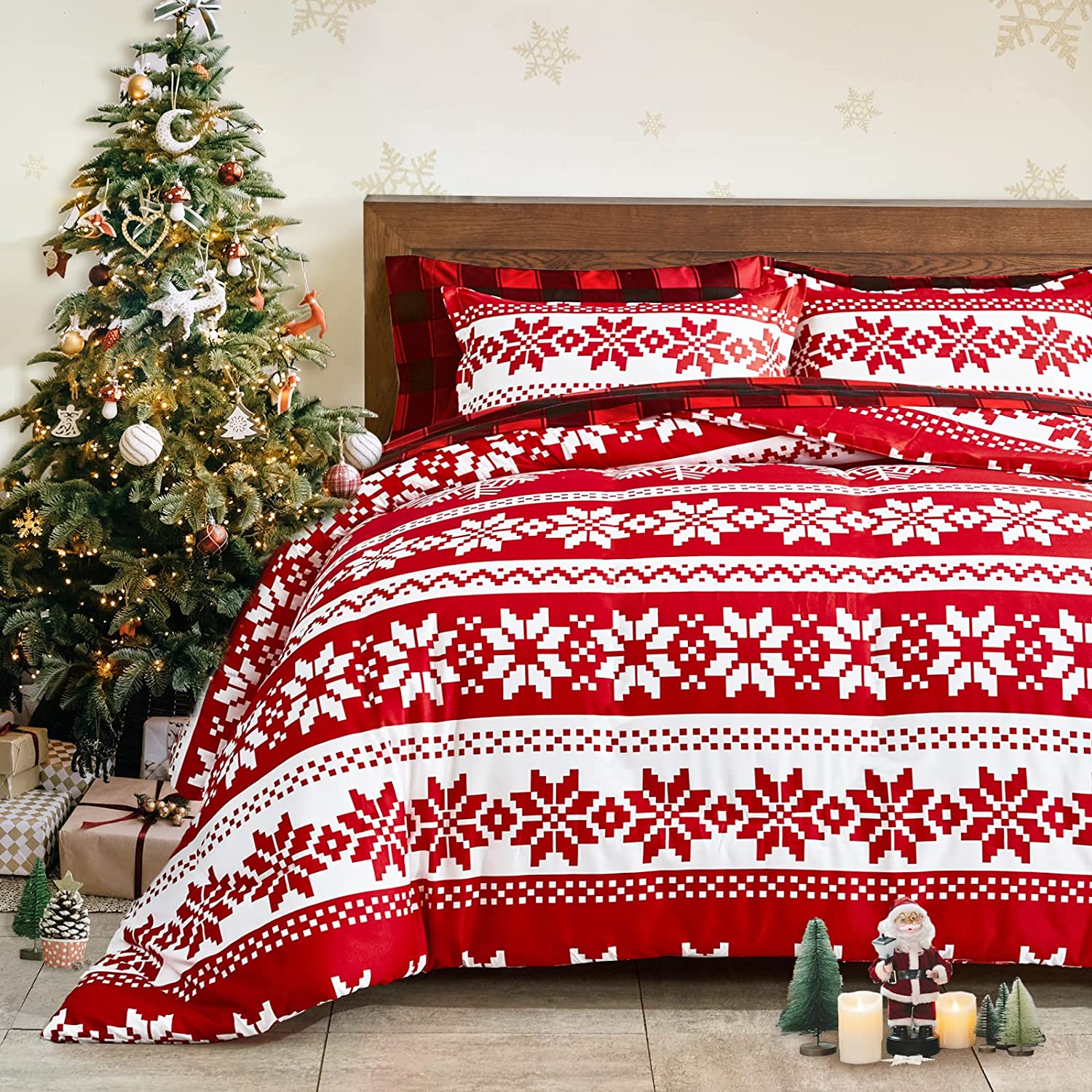 Price:$19.99 BEDDING Christmas Red Duvet Cover Set Queen Size 90x90 with Red White Snowflake Holiday Style Christma Xmas Design (1 Duvet Cover with Ties and Zipper + 2 Pillow Shams) for New Year Gift Choice : Everything Else