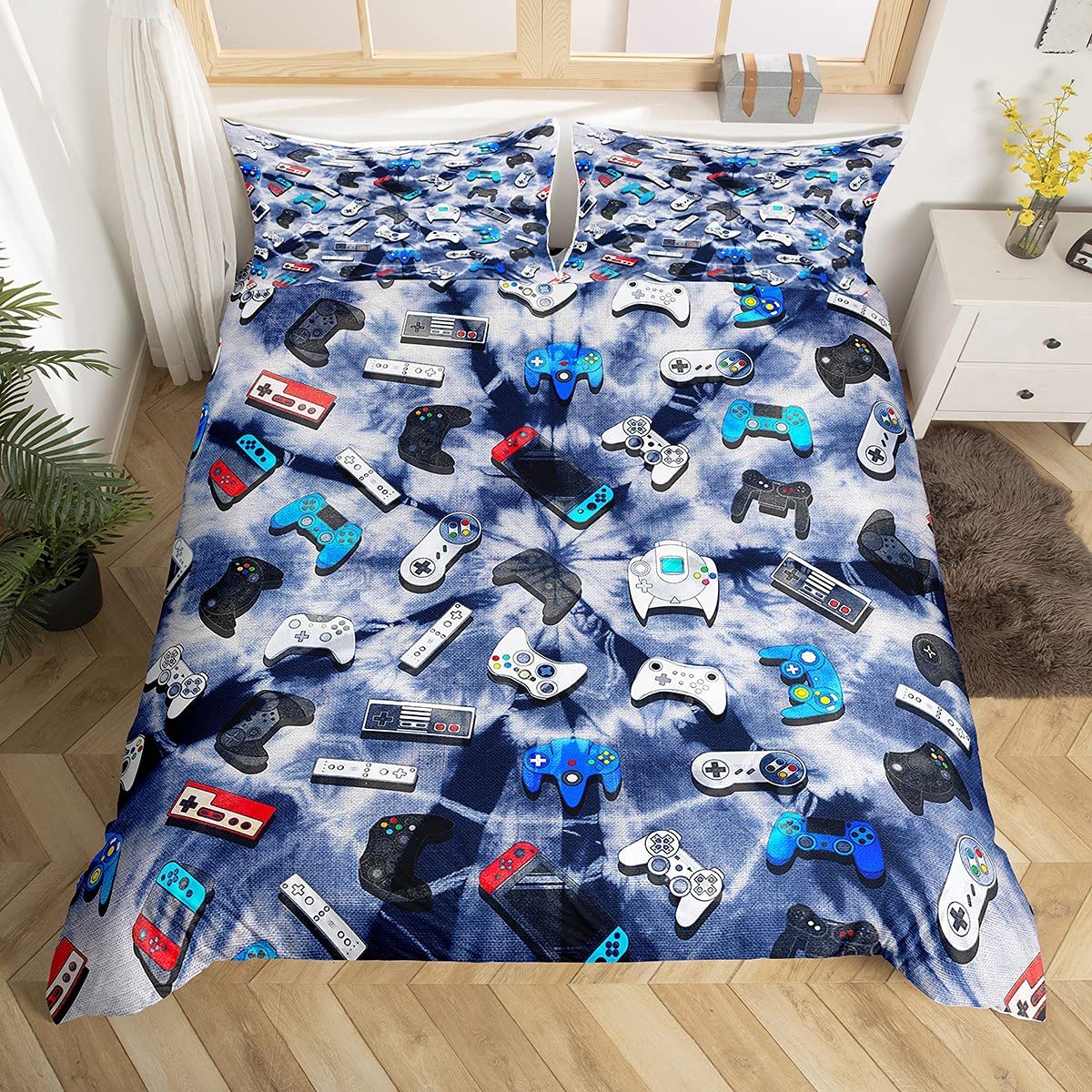 Price:$42.00 Gaming Duvet Cover Set Full Size Gamer Bedroom Decor for Boys Girls Teens Video Game Controller Tie Dye Bedding Set Youth Game Console Comforter Cover with 1 Pillowcases Zipper : Home & Kitchen