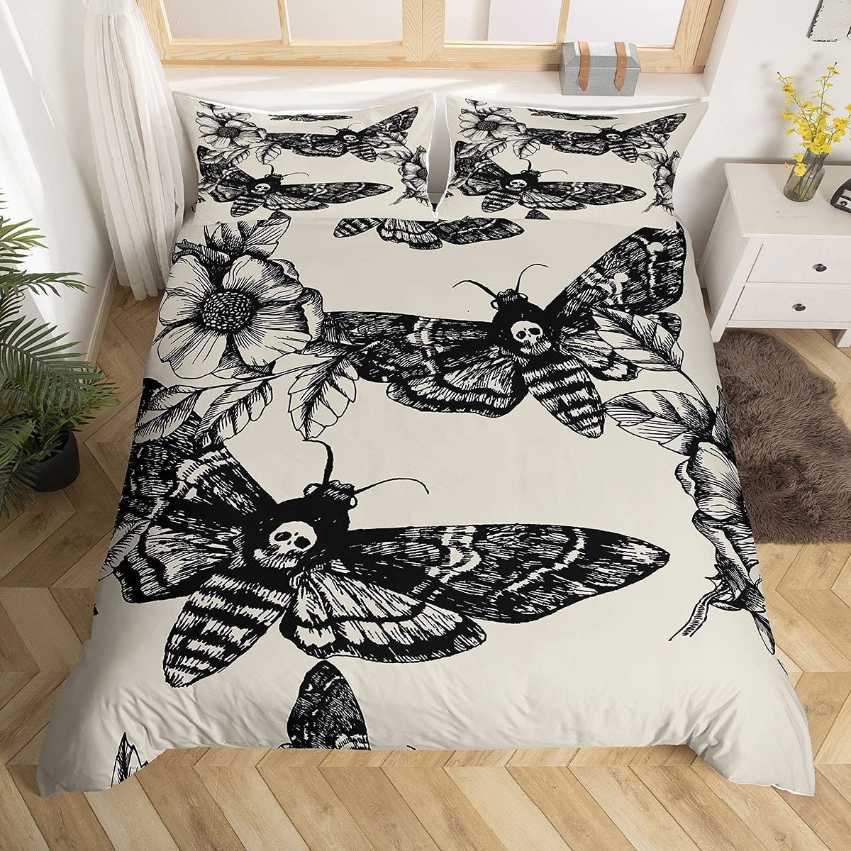 Price:$45.00 Comforter Cover Set Queen Size Moth Printed Gothic Style Duvet Cover For Teen Boys Kids Sugar Pattern Botanical Floral Decor Gray White Black Soft Microfiber Bedding Set With Zipper Ties : Home & Kitchen