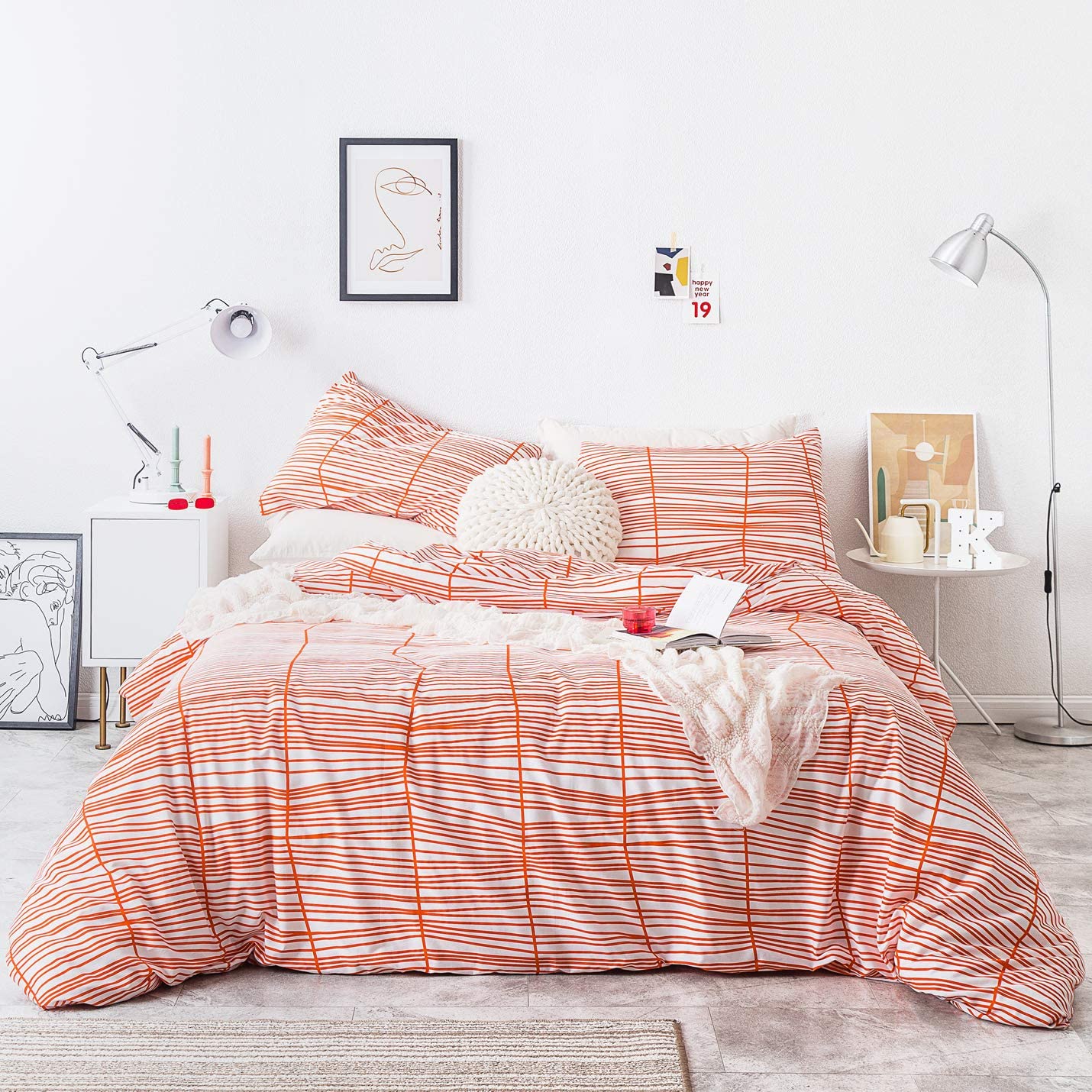 Price:$55.99 Duvet Cover Set 100% Cotton Orange King Size Striped Bedding 3 Pieces Set 1 Modern Geometric Pinstripes Print Duvet Cover with Zipper Ties 2 Pillowcases Hotel Quality Soft Breathable Durable : Home & Kitchen