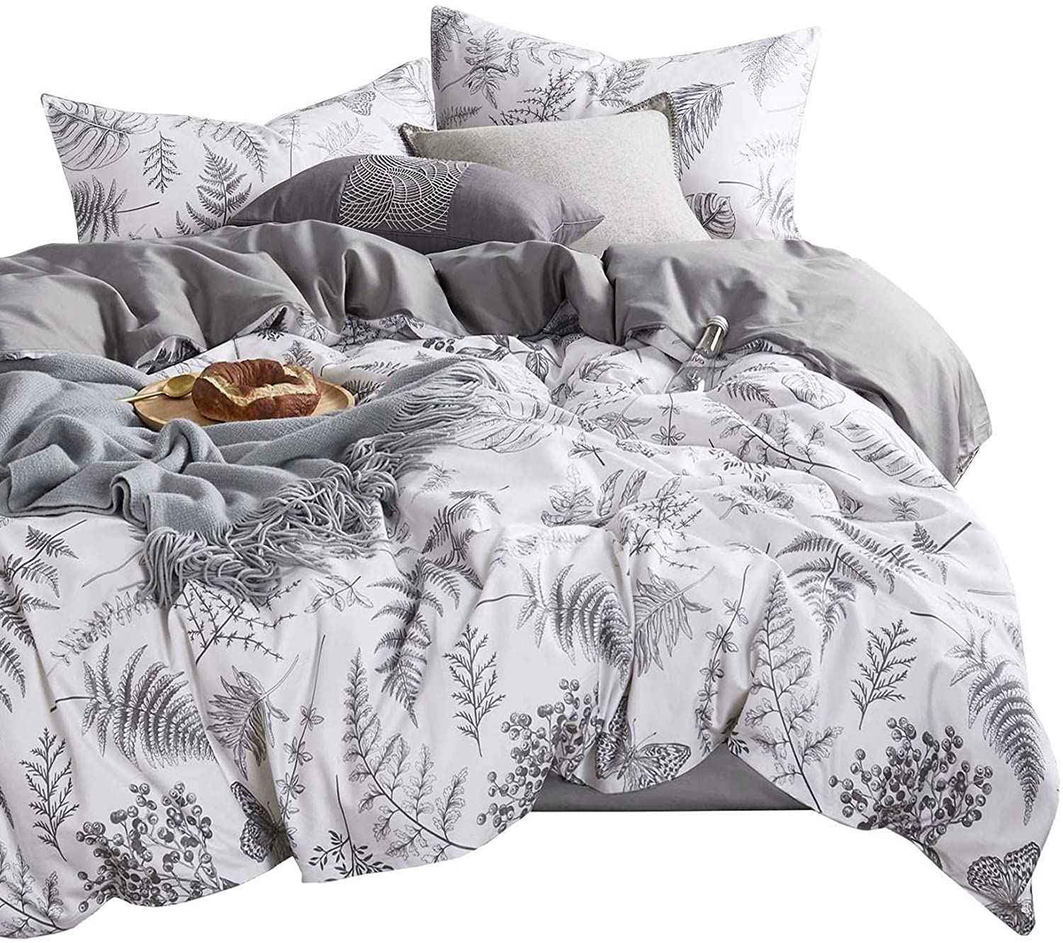 Price:$42.99 In Cloud - Botanical Duvet Cover Set, Plants Tree Leaves and Butterfly Pattern Printed in Black White Gray Grey, Soft Microfiber Bedding with Zipper Closure (3pcs, Queen Size) : Home & Kitchen