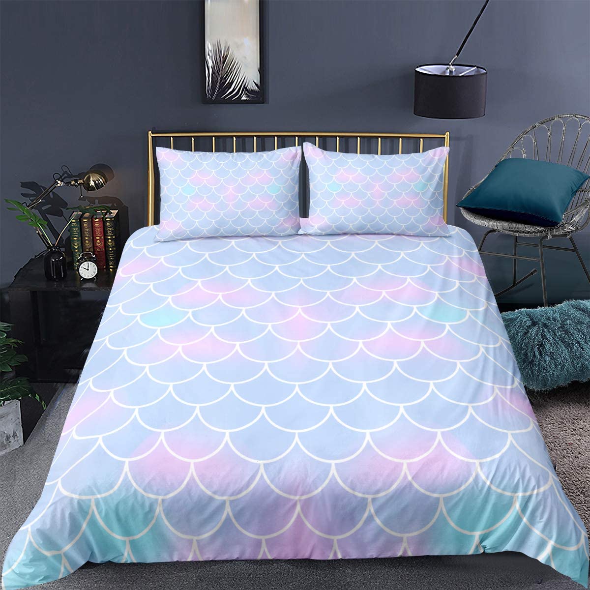 Price:$29.99 Mermaid Fish Scales Duvet Cover Set Full for Girls Kids Blue Purple Fish Scales Bedding Set Soft Lightweight Microfiber Polyester Comforter Cover with 2 Pillow Shams, Zipper, Lovely 3 Pcs : Home & Kitchen