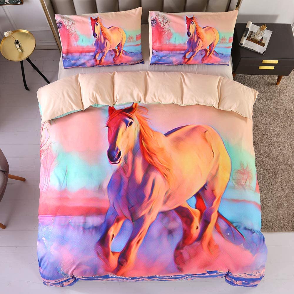 Price:$38.99 3D Horse Bedding for Girls Queen Size Horse Duvet Cover Set with White Snow Print Ultra Soft Pink Purple Bedspread Quilt Cover Set Special Design Horse Bed Set for Women(Queen-3PCS) : Home & Kitchen