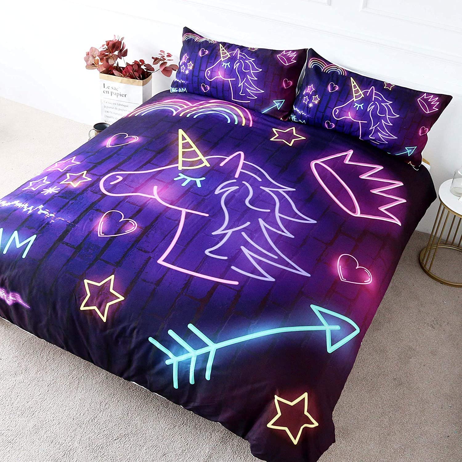 Price:$45.90 Purple Unicorn Bedding for Queen Size Bed Boys Neon Unicorn Bed Set Gold Stars and Pink Heart Crown Print Magical Bedspread 3 Piece Cute Girls Duvet Cover Sets (Queen) : Home & Kitchen